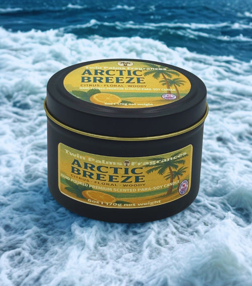 Twin Palms Fragrances Arctic Breeze candle on a background of ocean waves