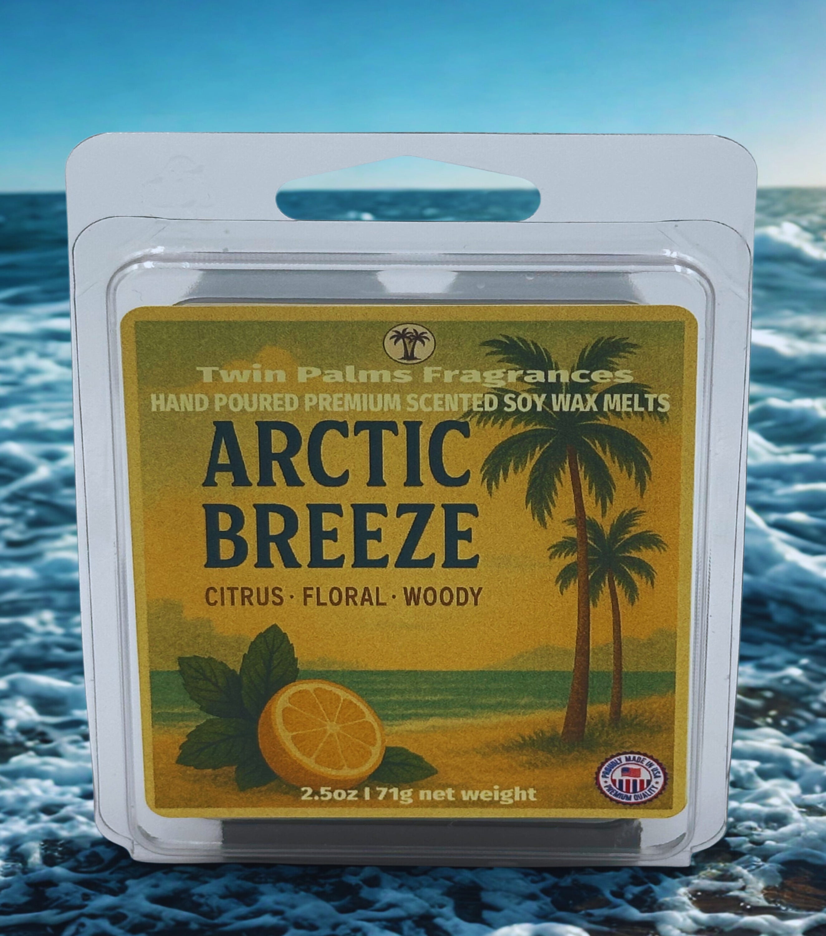 Pack of Arctic Breeze scented soy wax melts with palm trees and ocean background