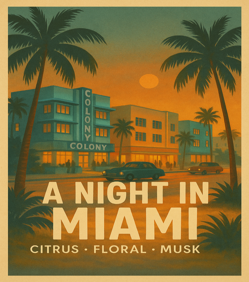Vintage-style advertisement for 'A Night in Miami' with palm trees and a building.