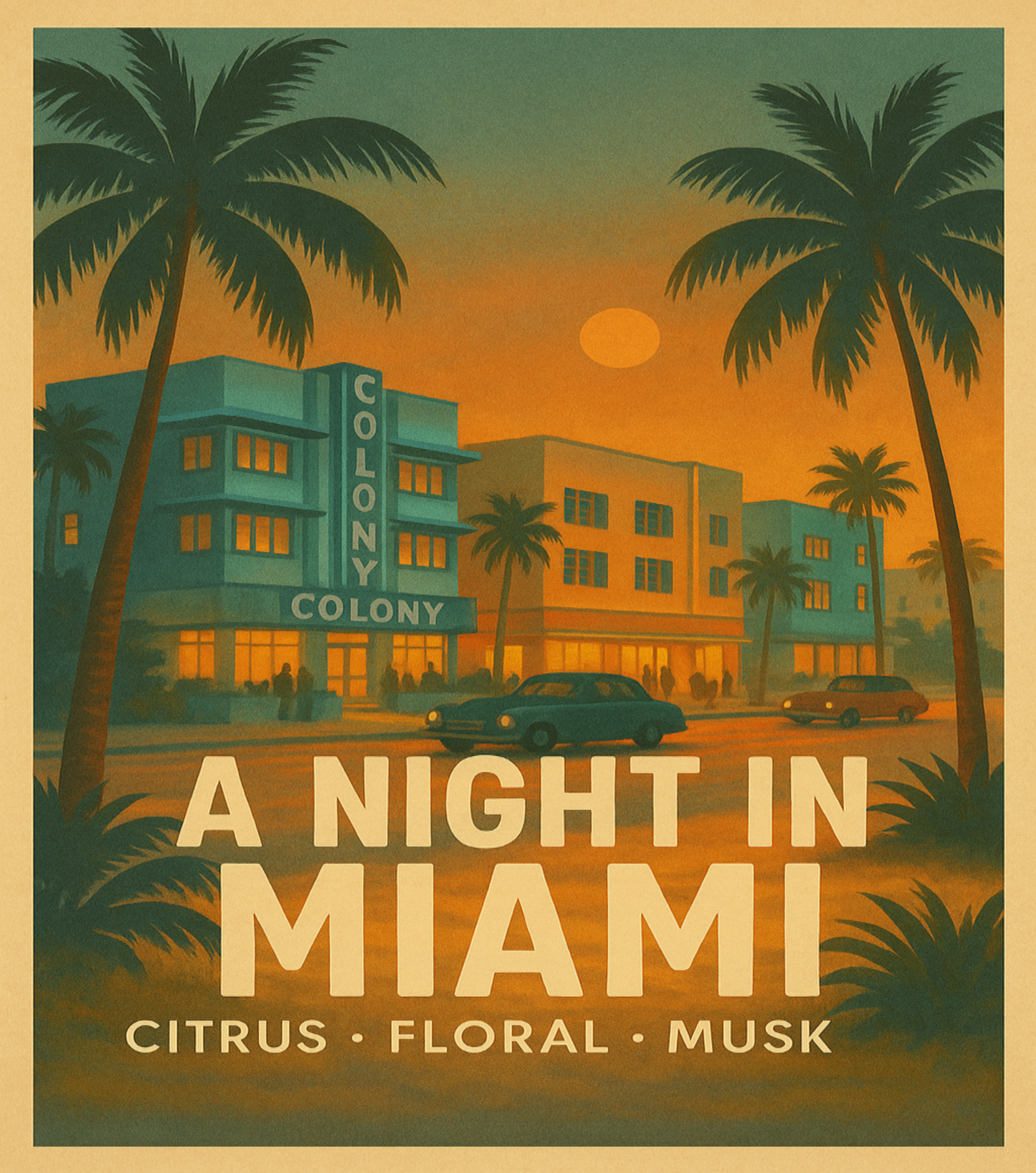 Vintage-style advertisement for 'A Night in Miami' with palm trees and a building.