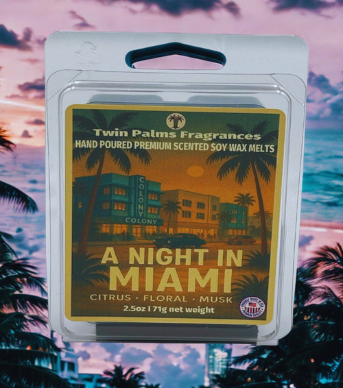 Twin Palms Fragrances wax melt package with a Miami-themed design against a palm tree and sunset background.
