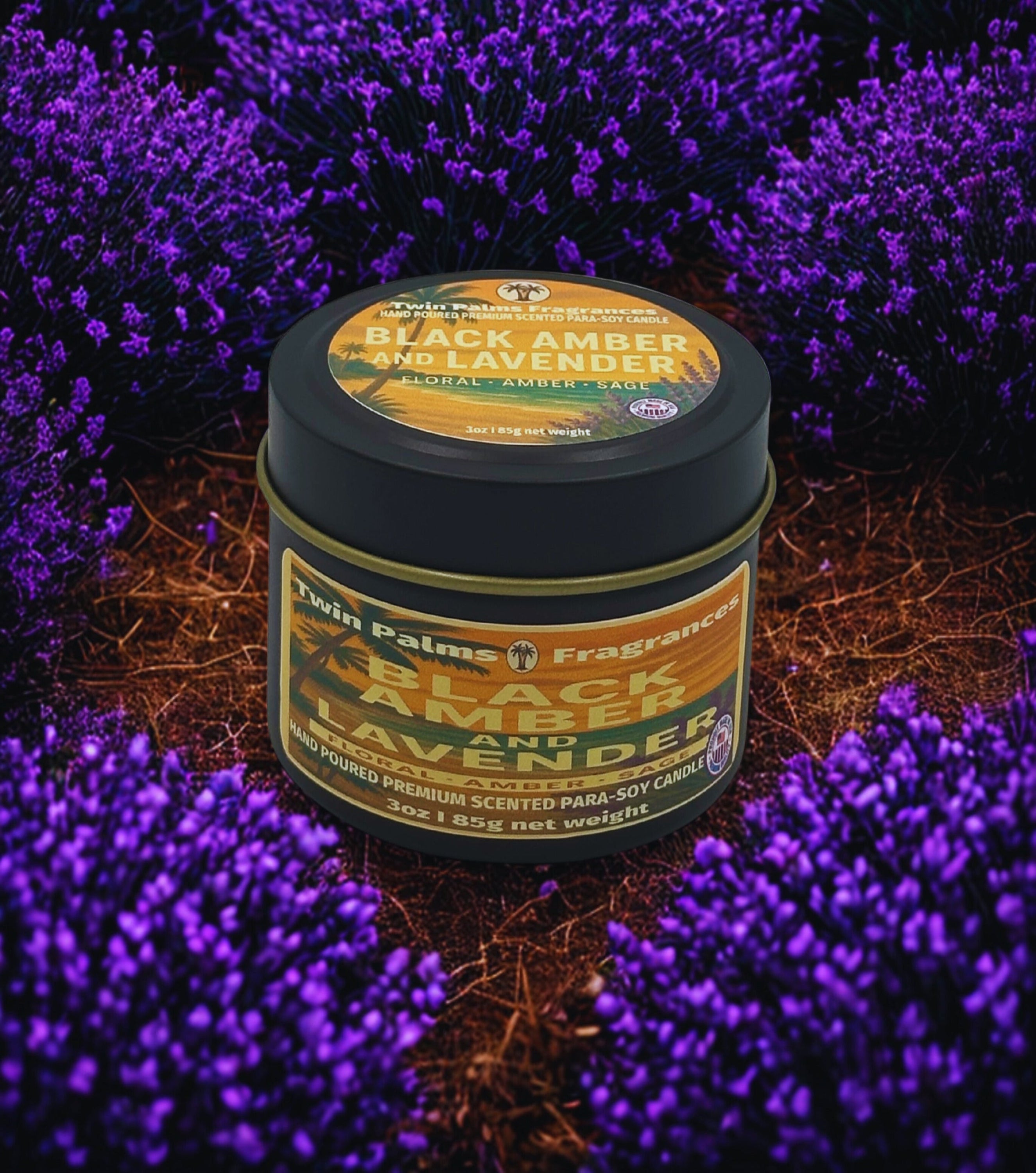 Candle tin with 'Black Lamber & Lavender' label surrounded by purple flowers