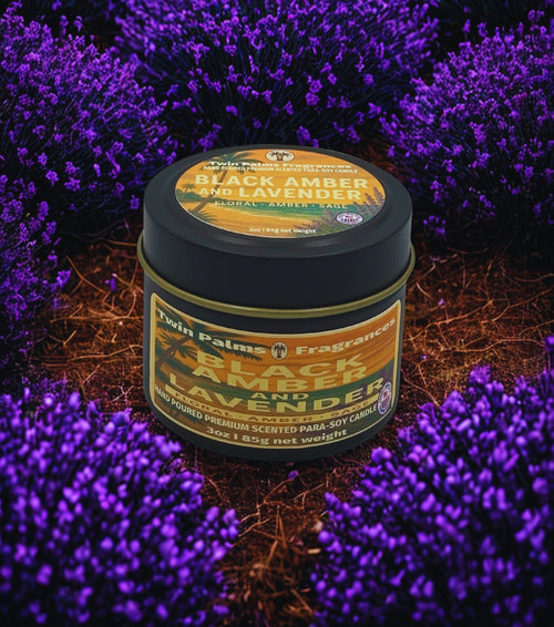 Candle tin with 'Black Lamber & Lavender' label surrounded by purple flowers