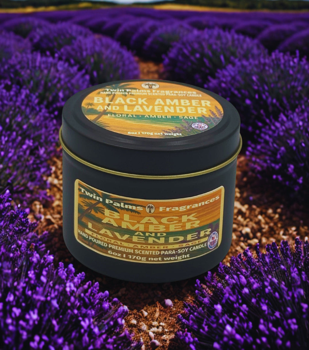 Twin Palms Fragrances Black Amber & Lavender candle in a lavender field