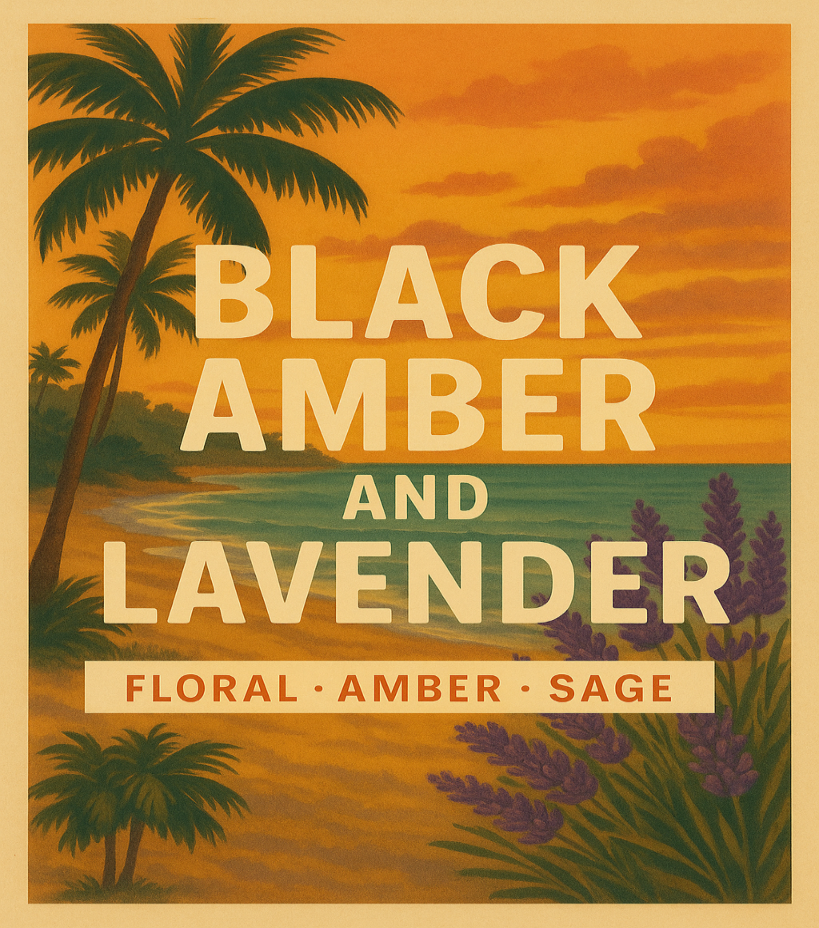 Scented product packaging with palm trees, lavender, and sunset design.