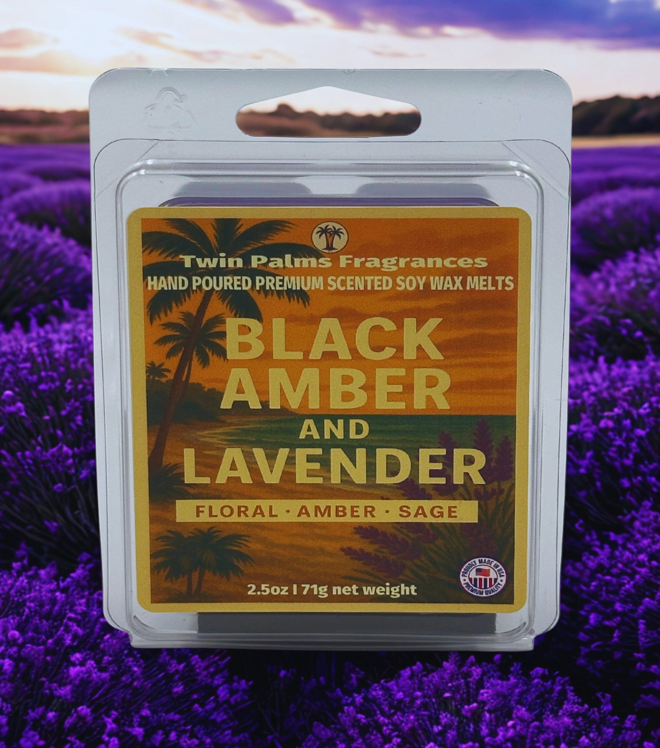 Pack of Twin Palms Fragrances Black Amber and Lavender wax melts with a lavender field background