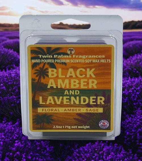 Pack of Twin Palms Fragrances Black Amber and Lavender wax melts with a lavender field background