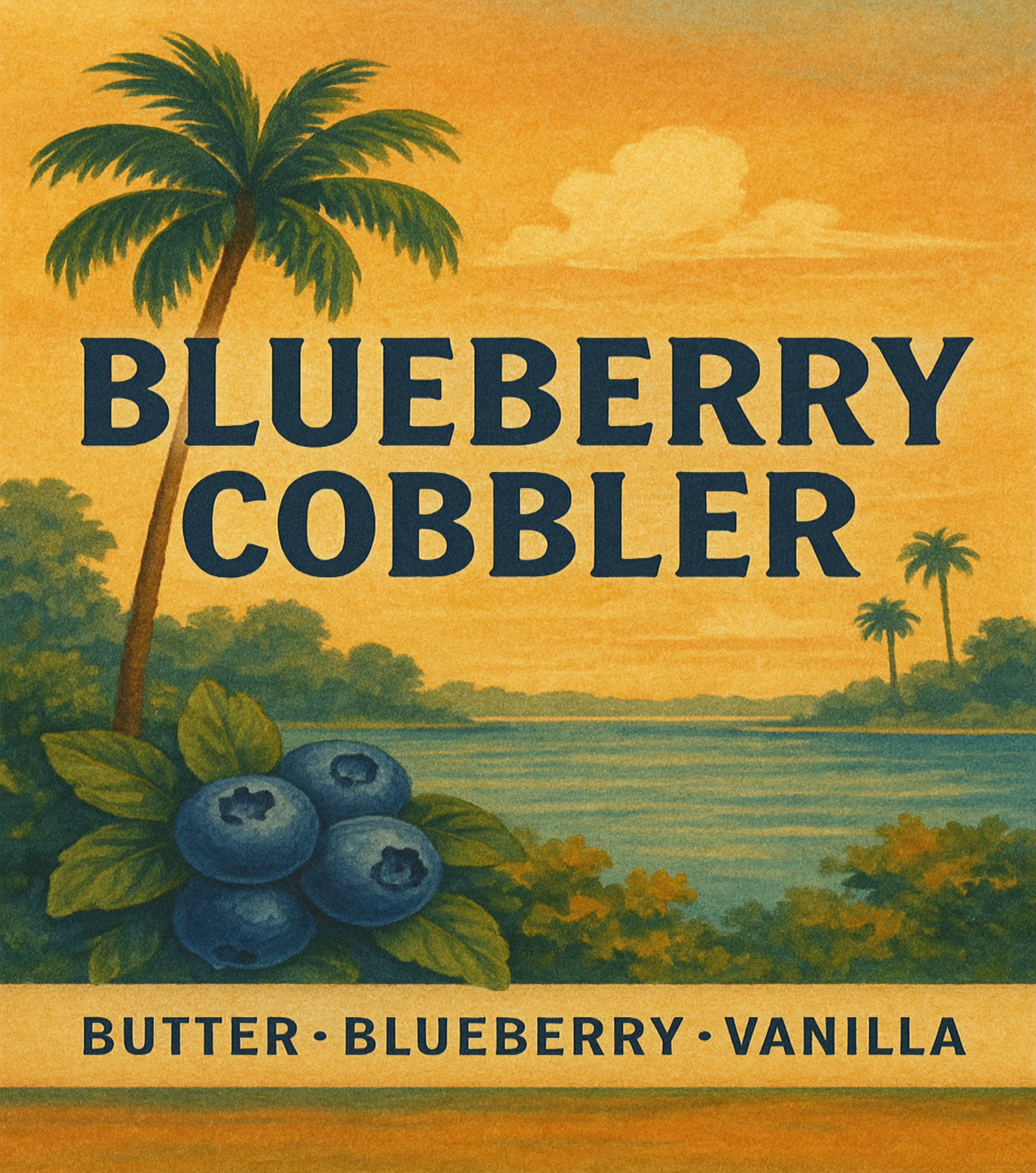 Vintage-style label for blueberry cobbler with blueberries, palm trees, and a sunset.