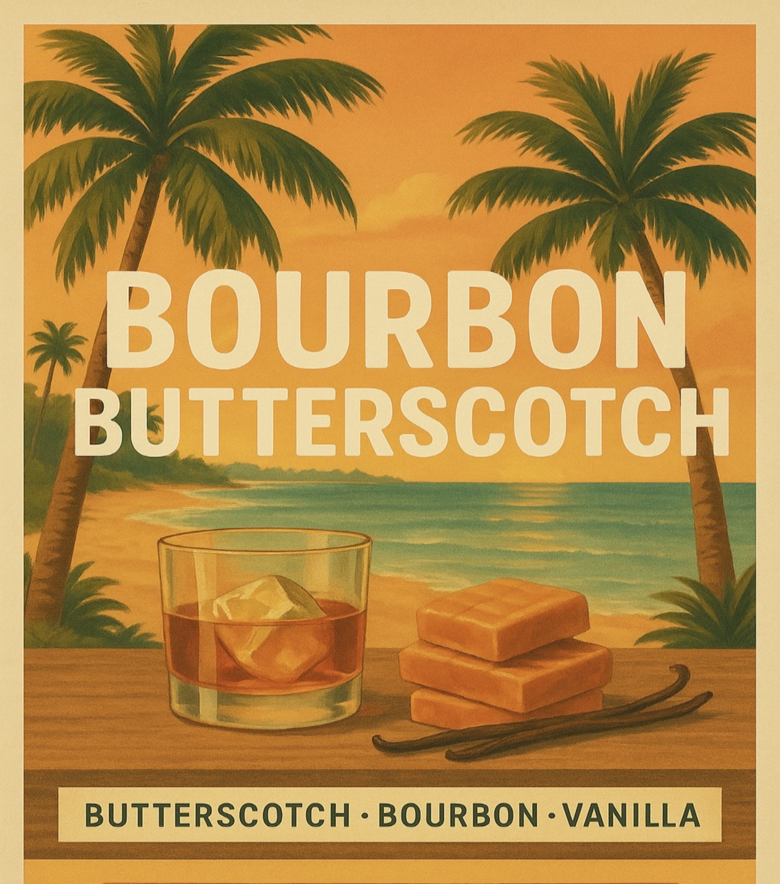 Advertisement for Bourbon Butterscotch with a glass of the product, wafers, and vanilla beans against a tropical beach background.