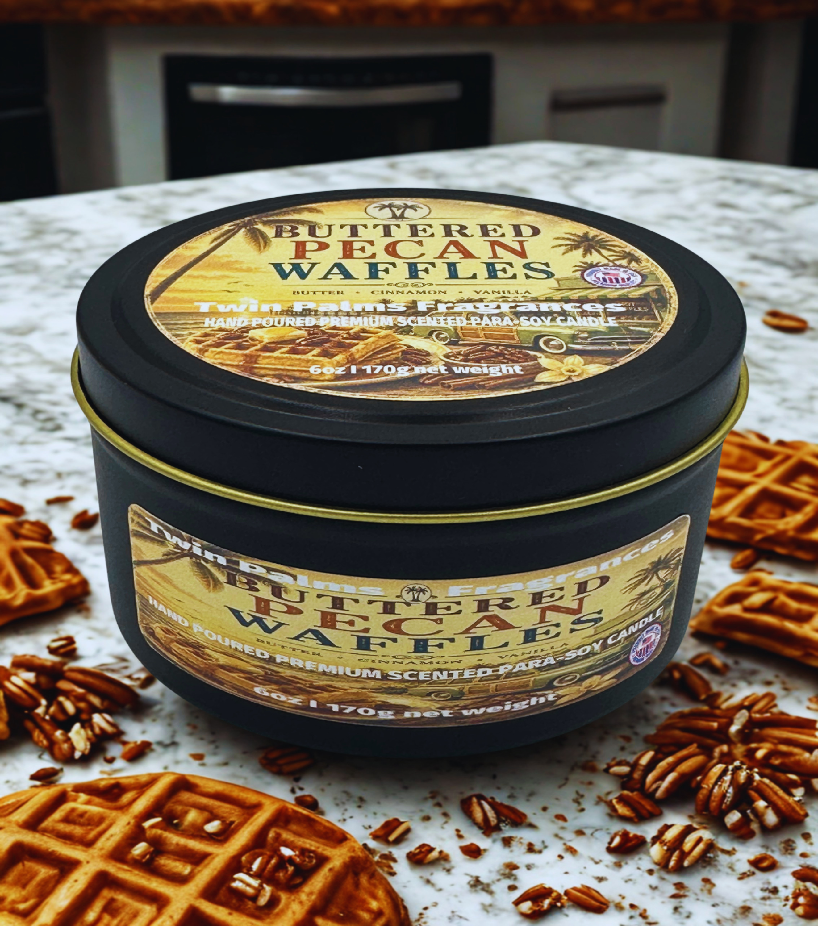 Container of 'Buttered Pecan Waffles' with waffles and pecans on a surface