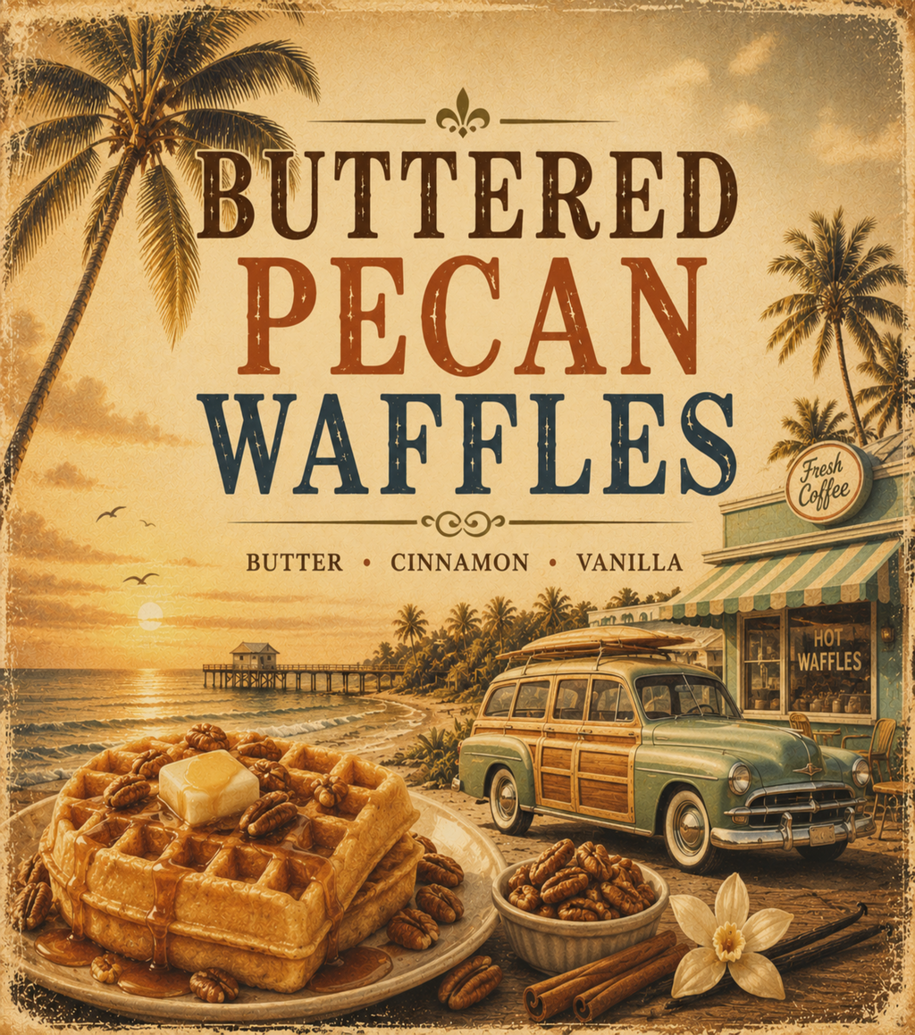Advertisement for 'Buttered Pecan Waffles' with a vintage car, waffles, and palm trees.