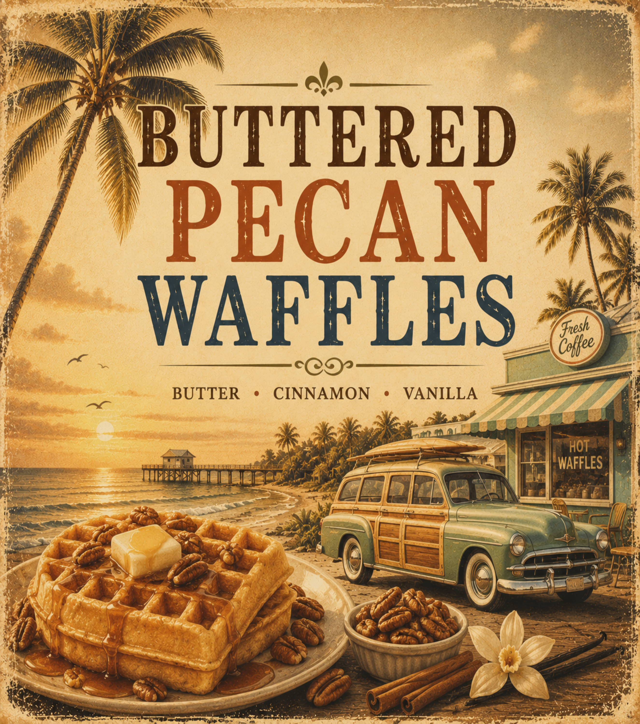 Advertisement for 'Buttered Pecan Waffles' with a vintage car, waffles, and palm trees.