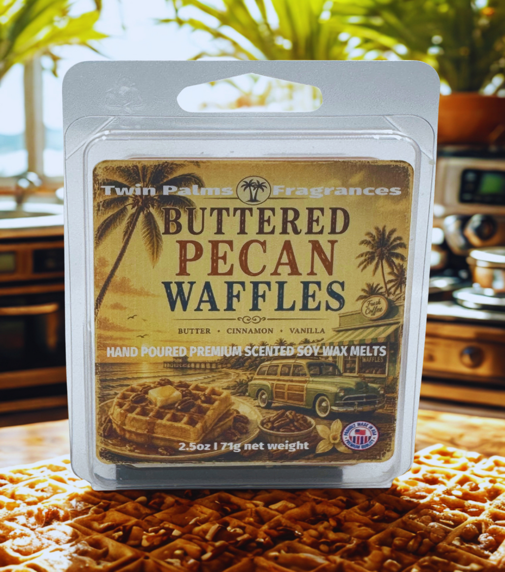 Buttered Pecan Waffles soy wax melts packaging with a waffle pattern on a wooden surface.