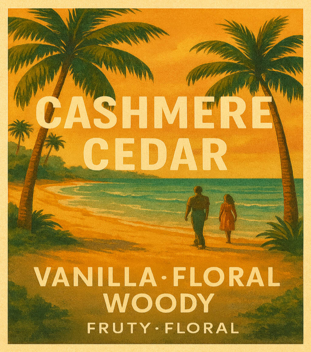 Advertisement for Cashmere Cedar with a beach scene and palm trees