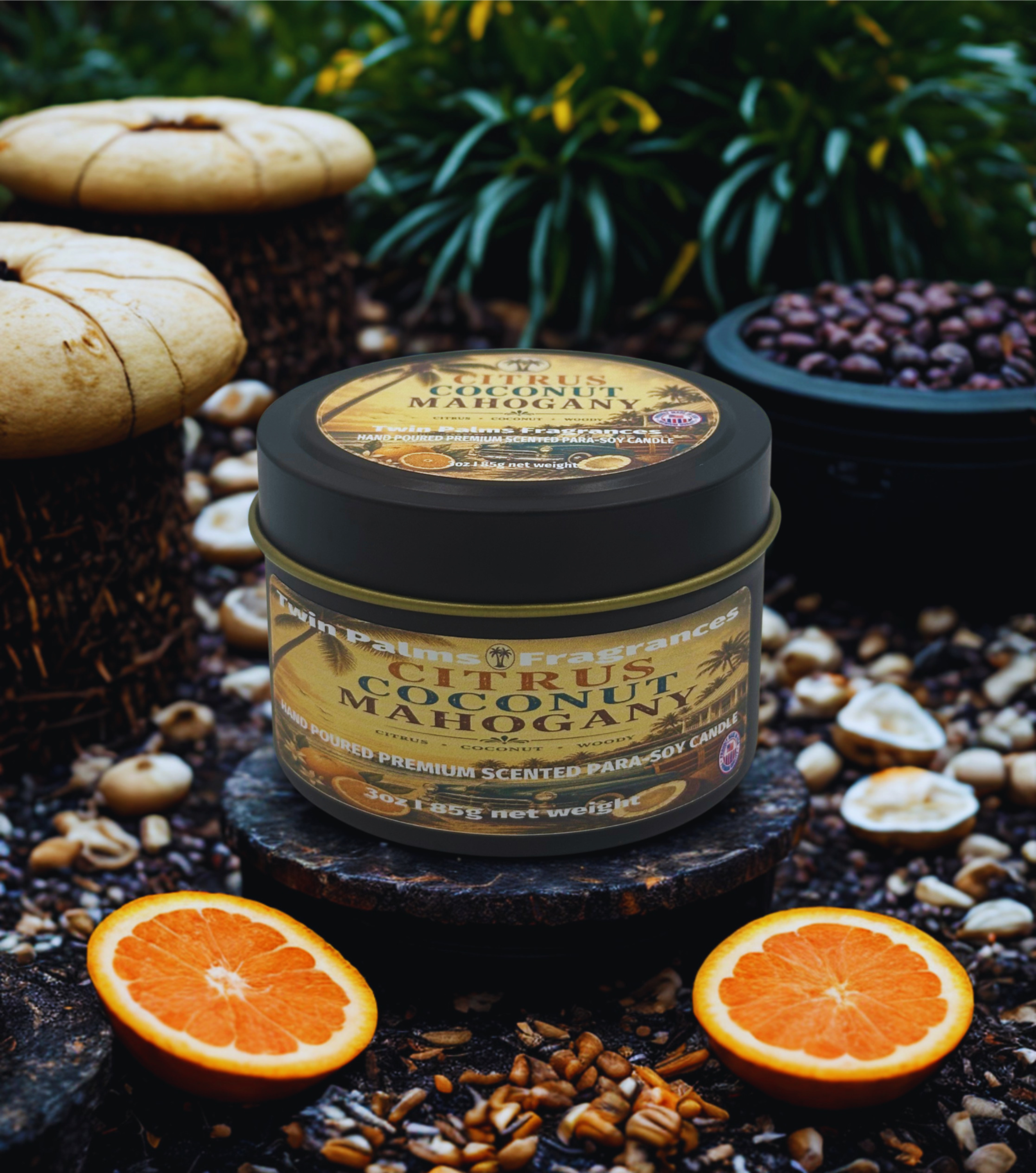 Twin Palms Fragrances tin of Citrus Coconut Mahogany candle on a natural background with oranges and seeds.