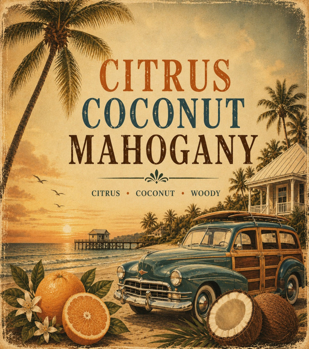 Vintage-style advertisement for Citrus Coconut Mahogany with a beach scene and classic car.