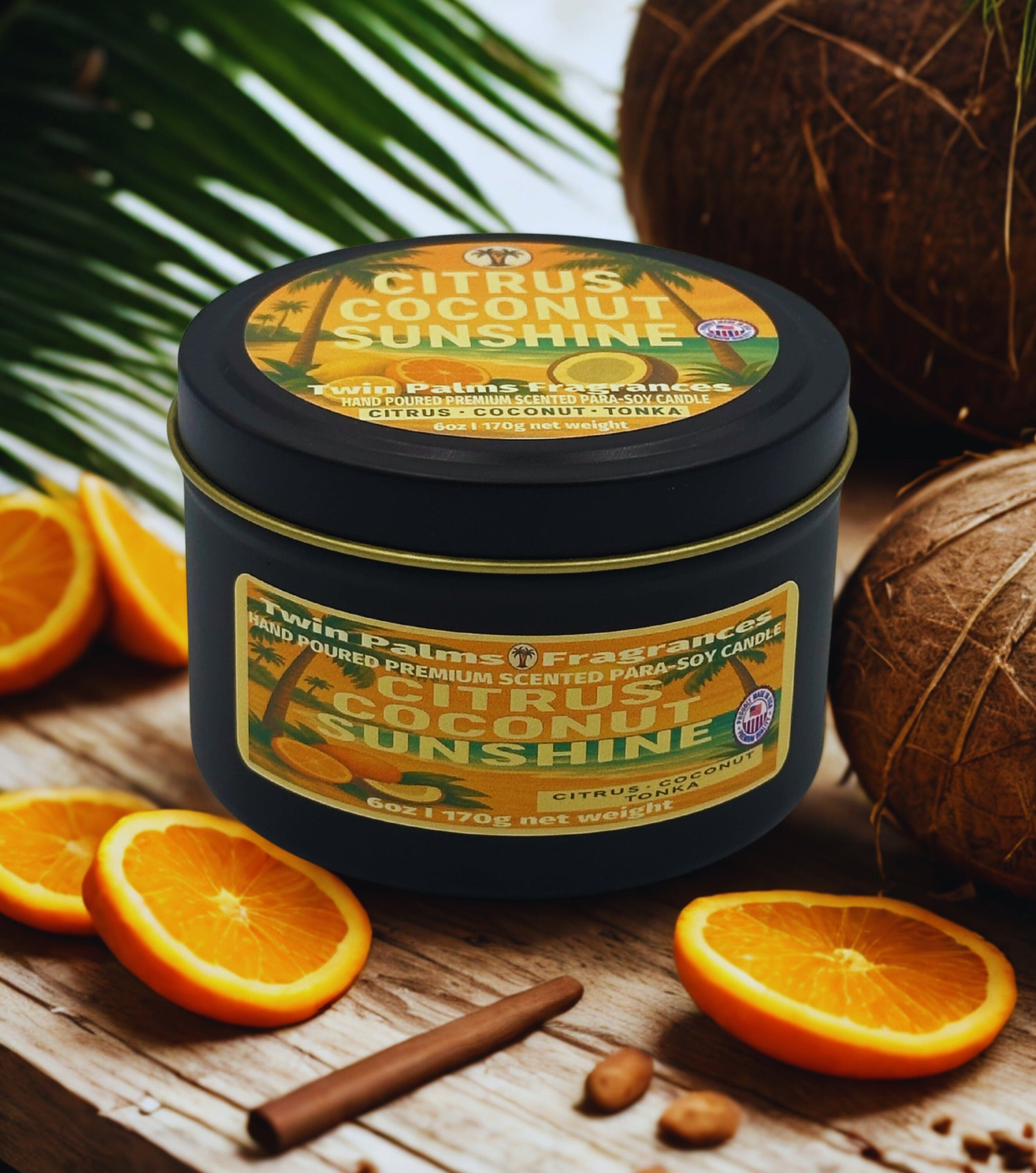 Candle jar labeled 'Citrus Coconut Sunshine' with oranges and coconuts on a wooden surface