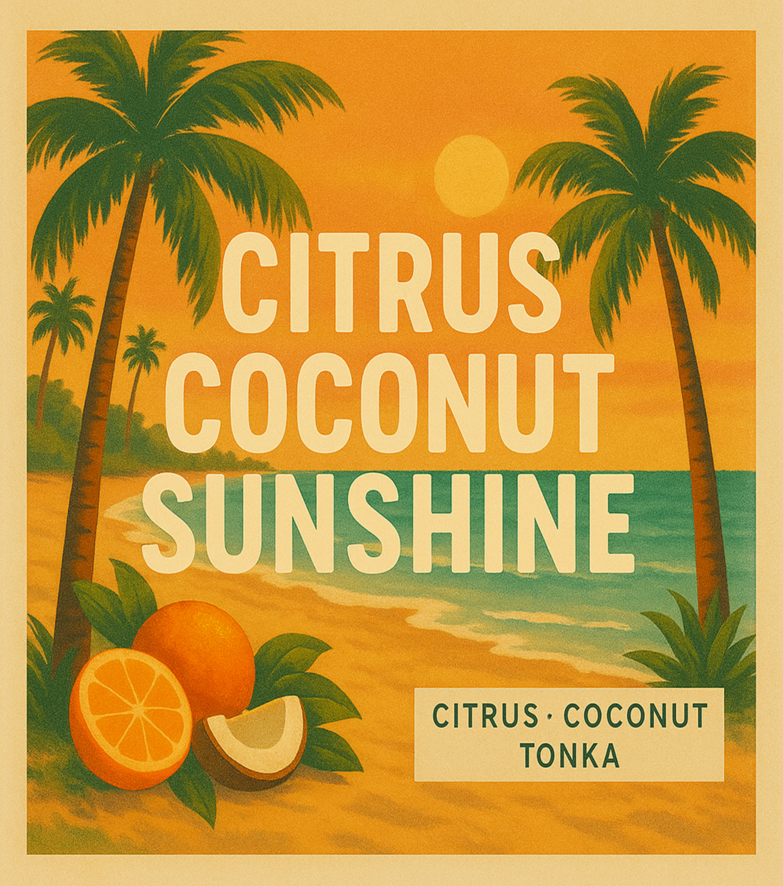 Vintage-style advertisement with palm trees, oranges, and a sunset, featuring the text 'Citrus Coconut Sunshine'.