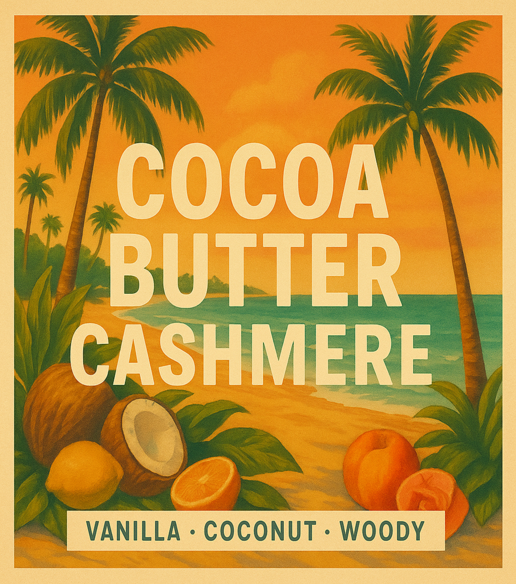Vintage-style advertisement for Cocoa Butter Cashmere with coconuts, palm trees, and a beach scene.