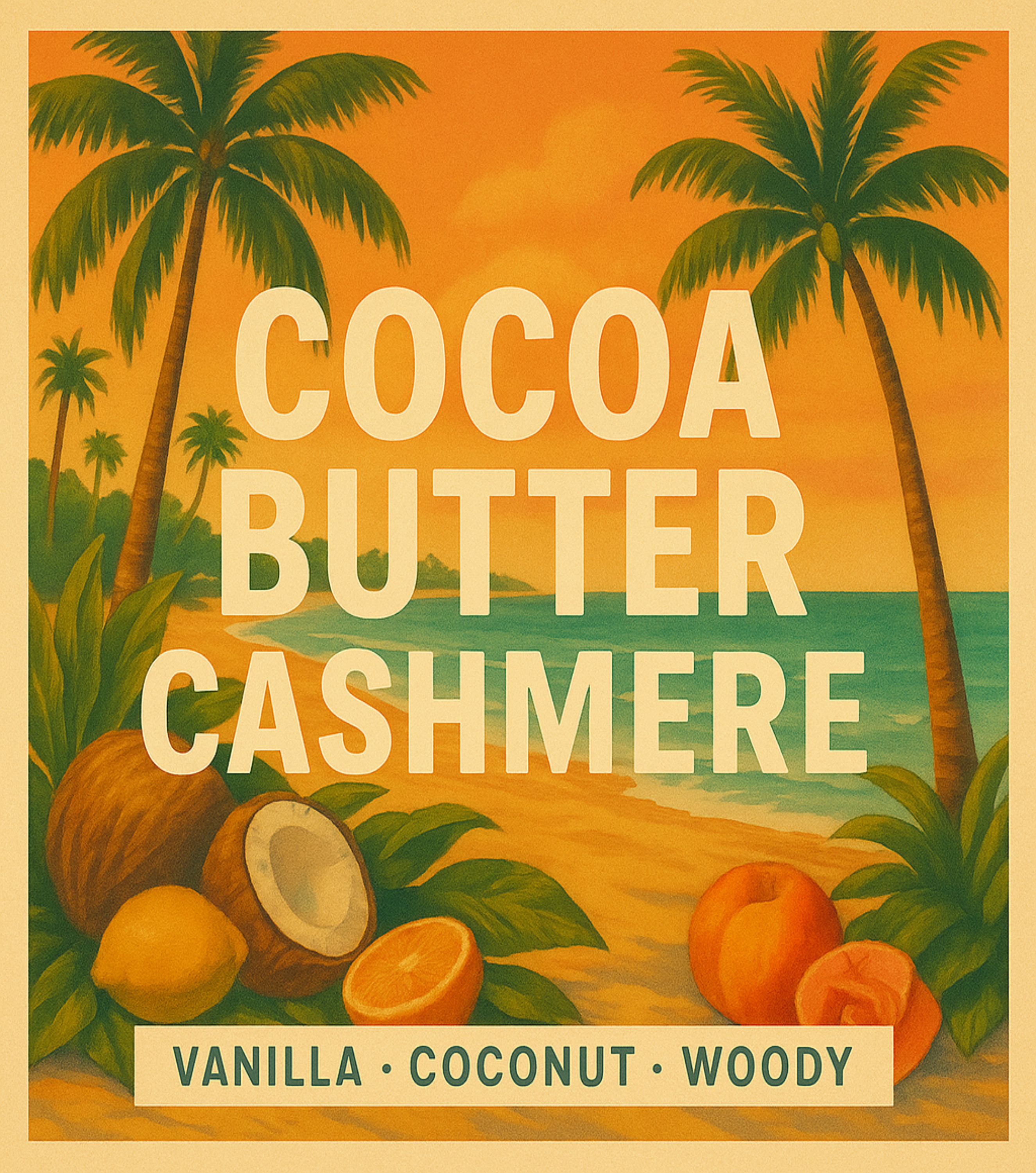Vintage-style advertisement for Cocoa Butter Cashmere with coconuts, palm trees, and a beach scene.