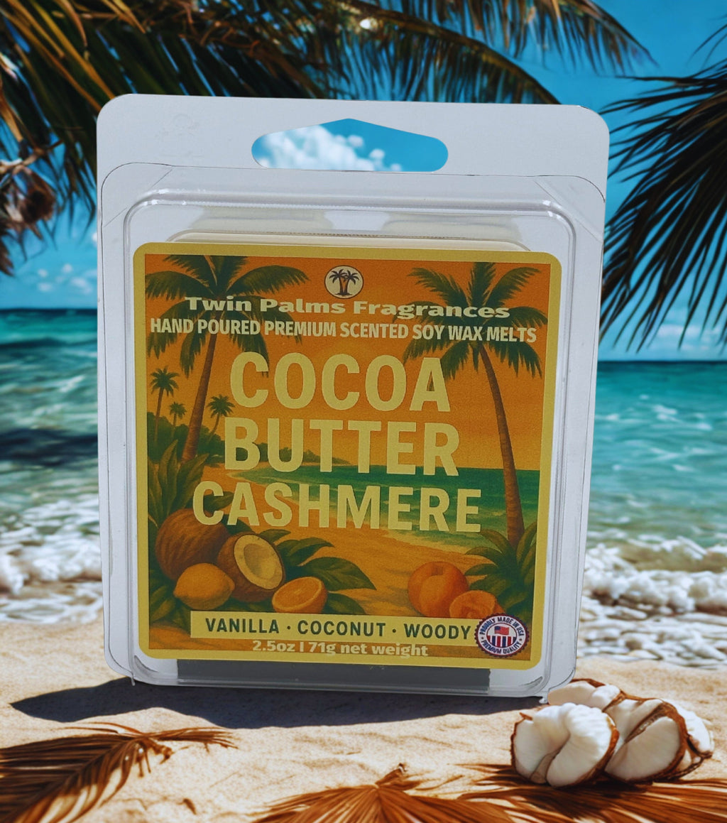 Twin Palms Fragrances cocoa butter cashmere wax melts packaging with a beach background
