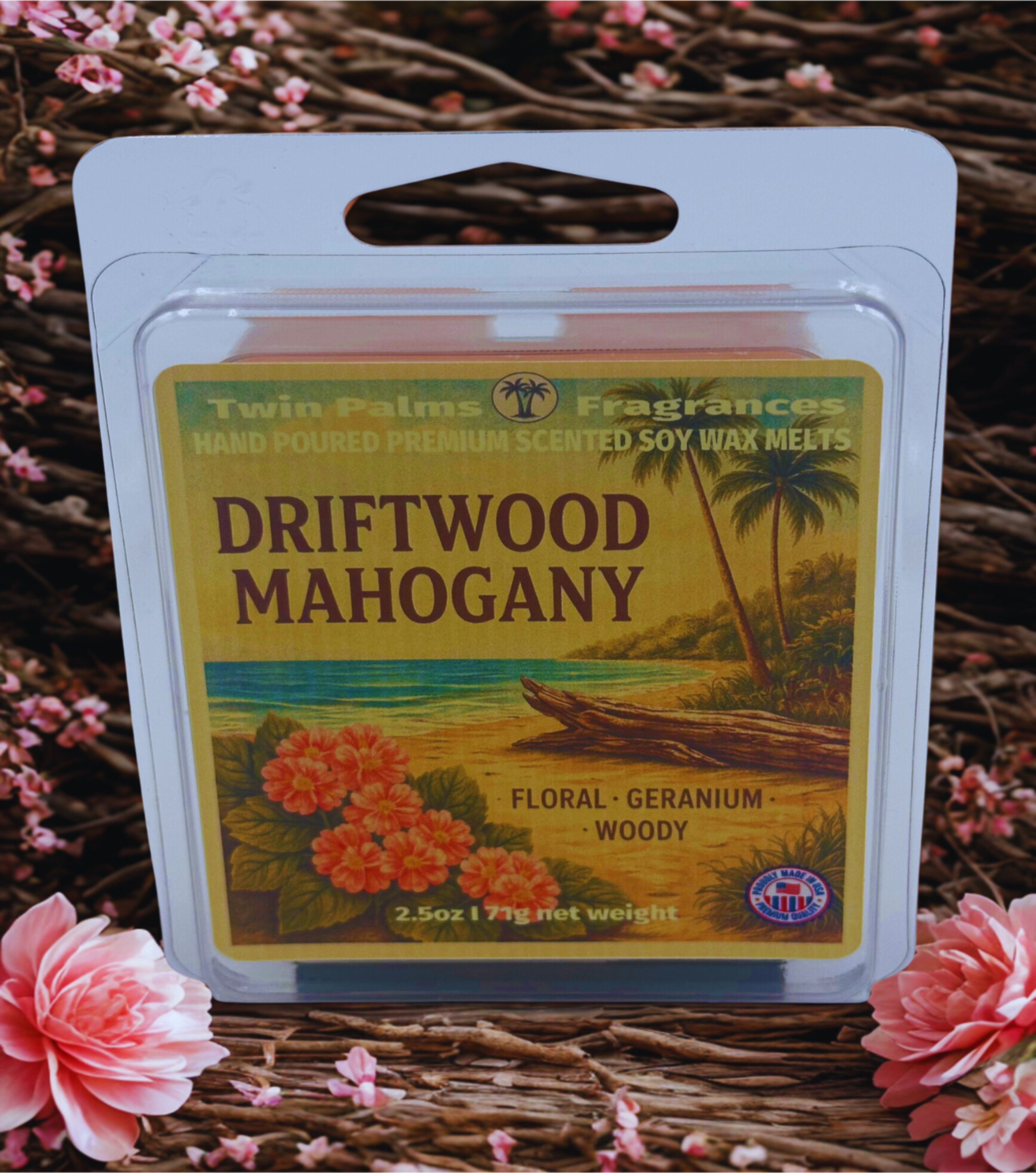 Twin Palms Fragrances Driftwood Mahogany wax melt packaging on a decorative background with flowers.