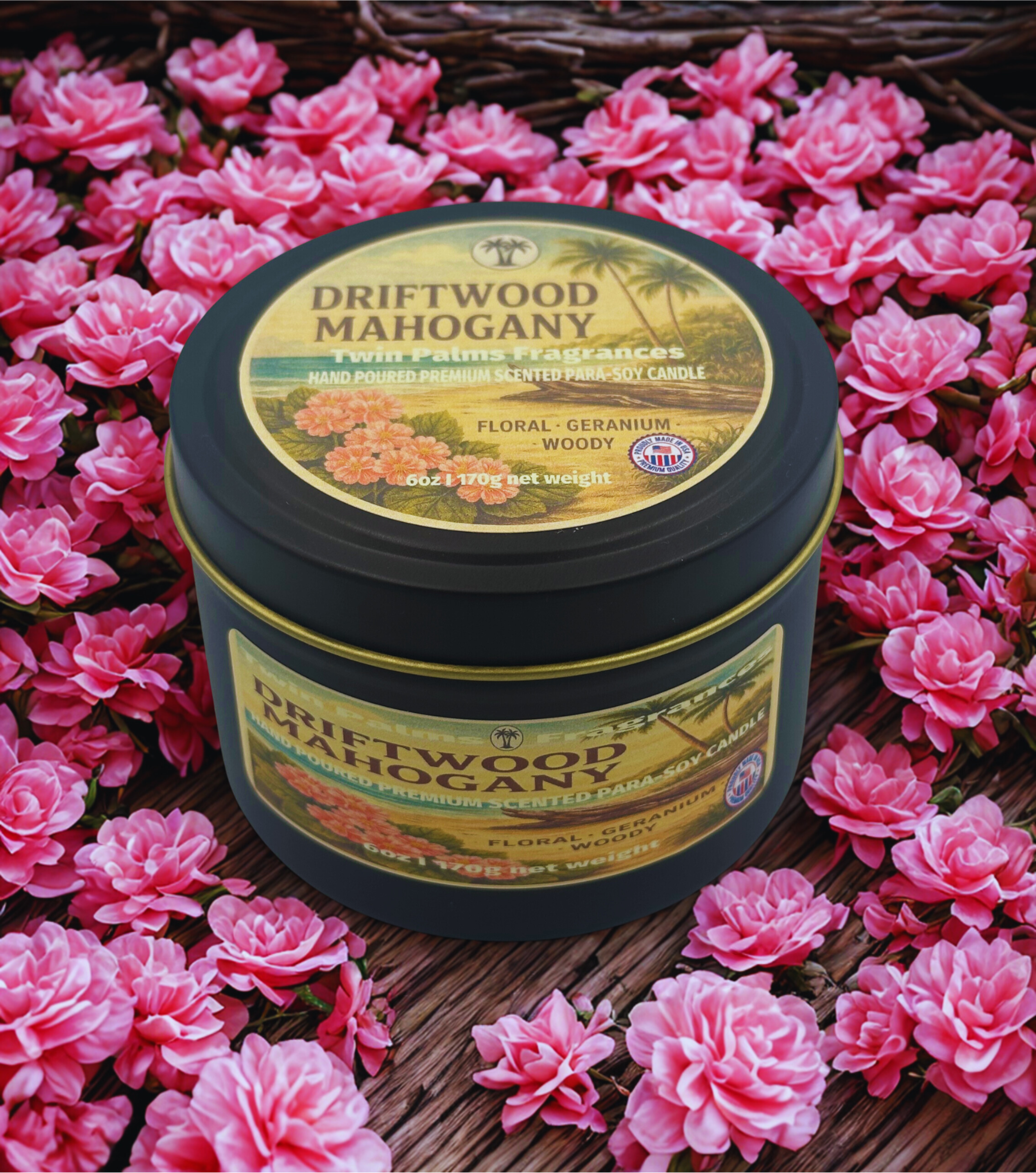 Candle tin labeled 'Driftwood Mahogany' surrounded by pink flowers