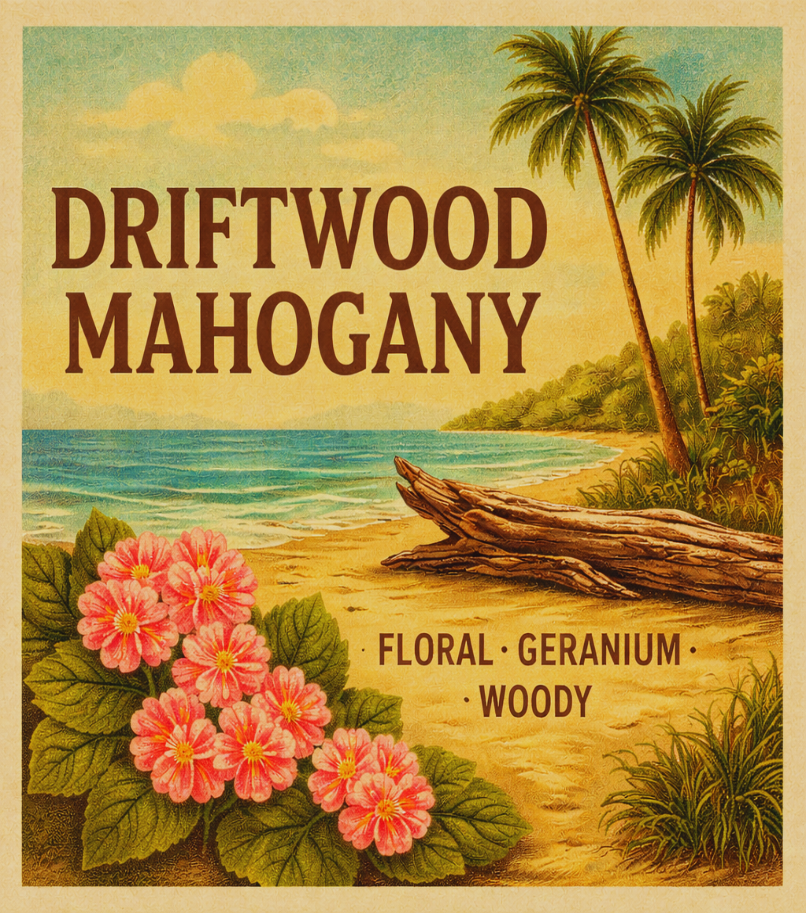 Advertisement for Driftwood Mahogany with beach scene, palm trees, and flowers.