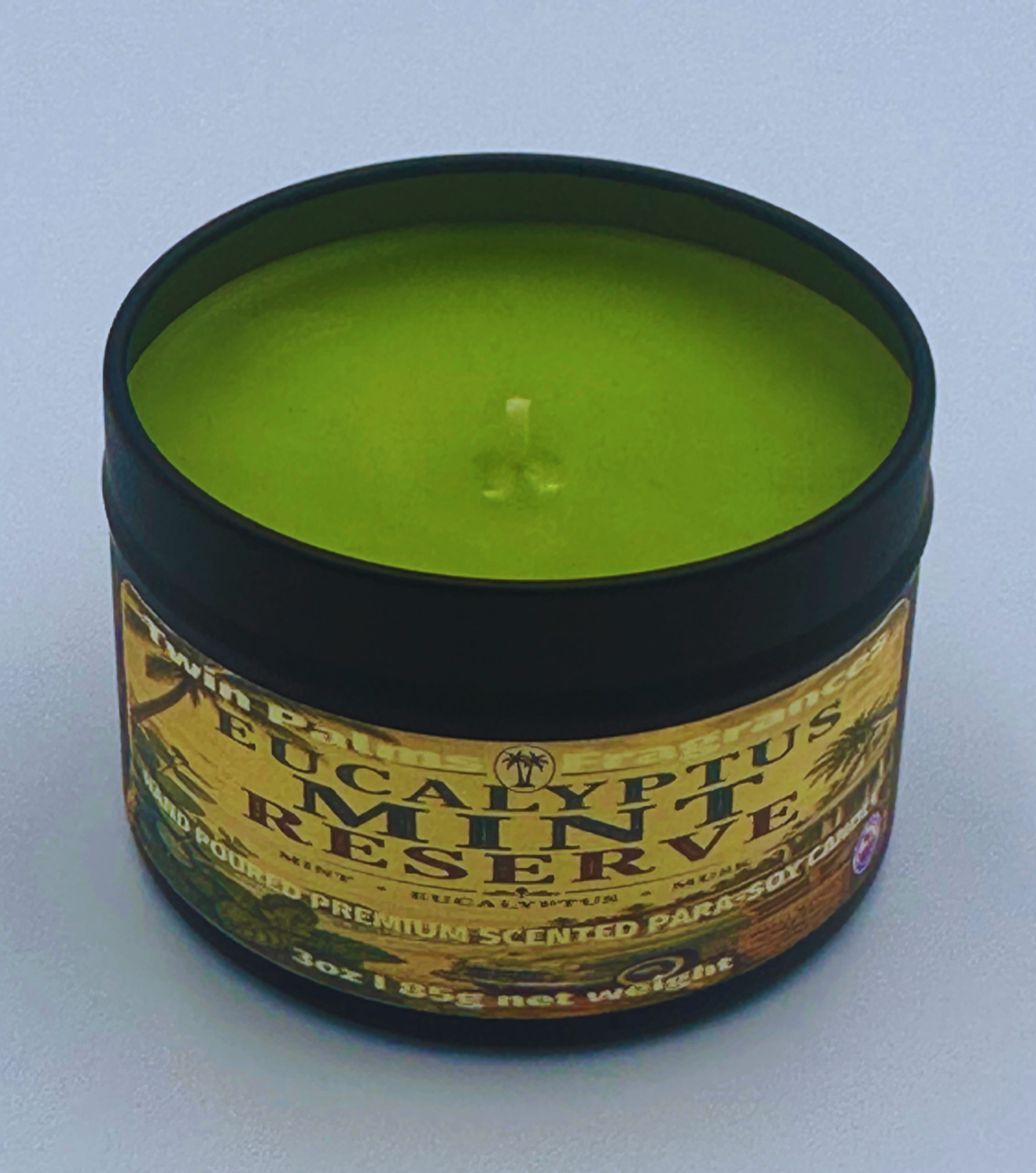Twin Palms Fragrances green candle in a tin labeled 'Eucalyptus Mint Reserve' on a light gray background