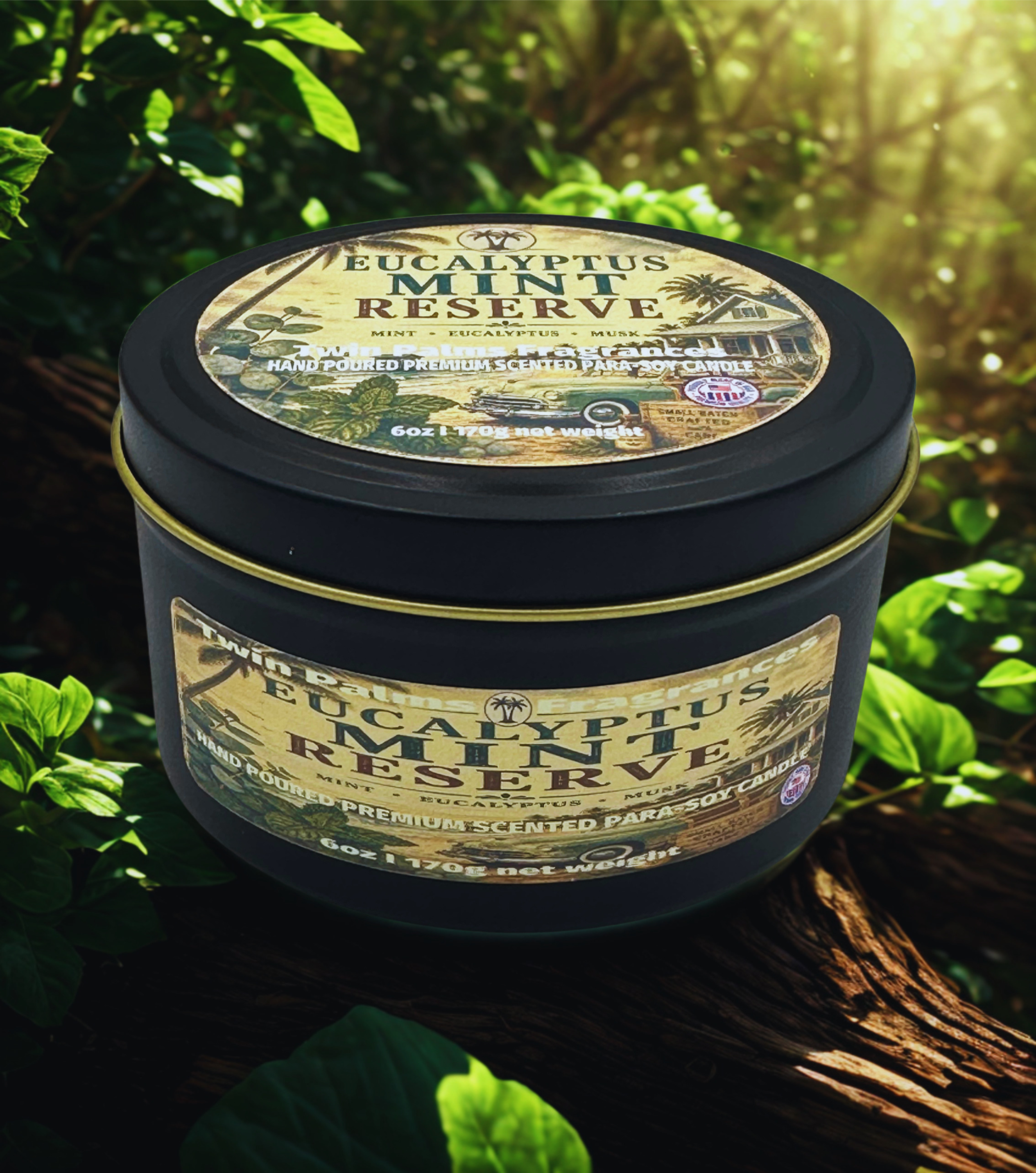 Twin Palms Fragrances Eucalyptus Mint Reserve candle in a natural setting with greenery