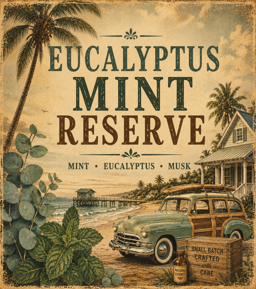 Vintage-style advertisement for Eucalyptus Mint Reserve with a car and beach scene.