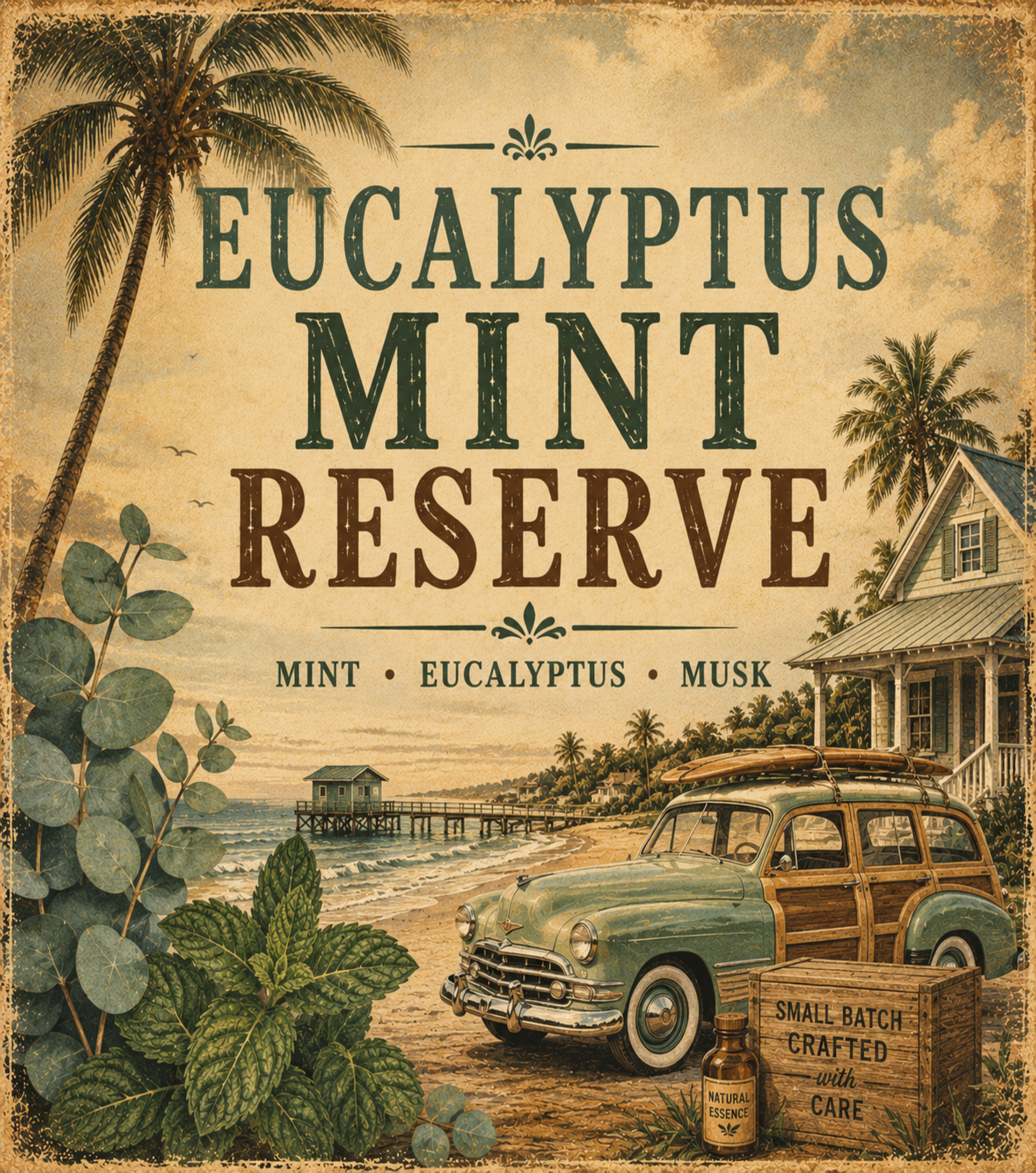 Vintage-style advertisement for Eucalyptus Mint Reserve with a car and beach scene.