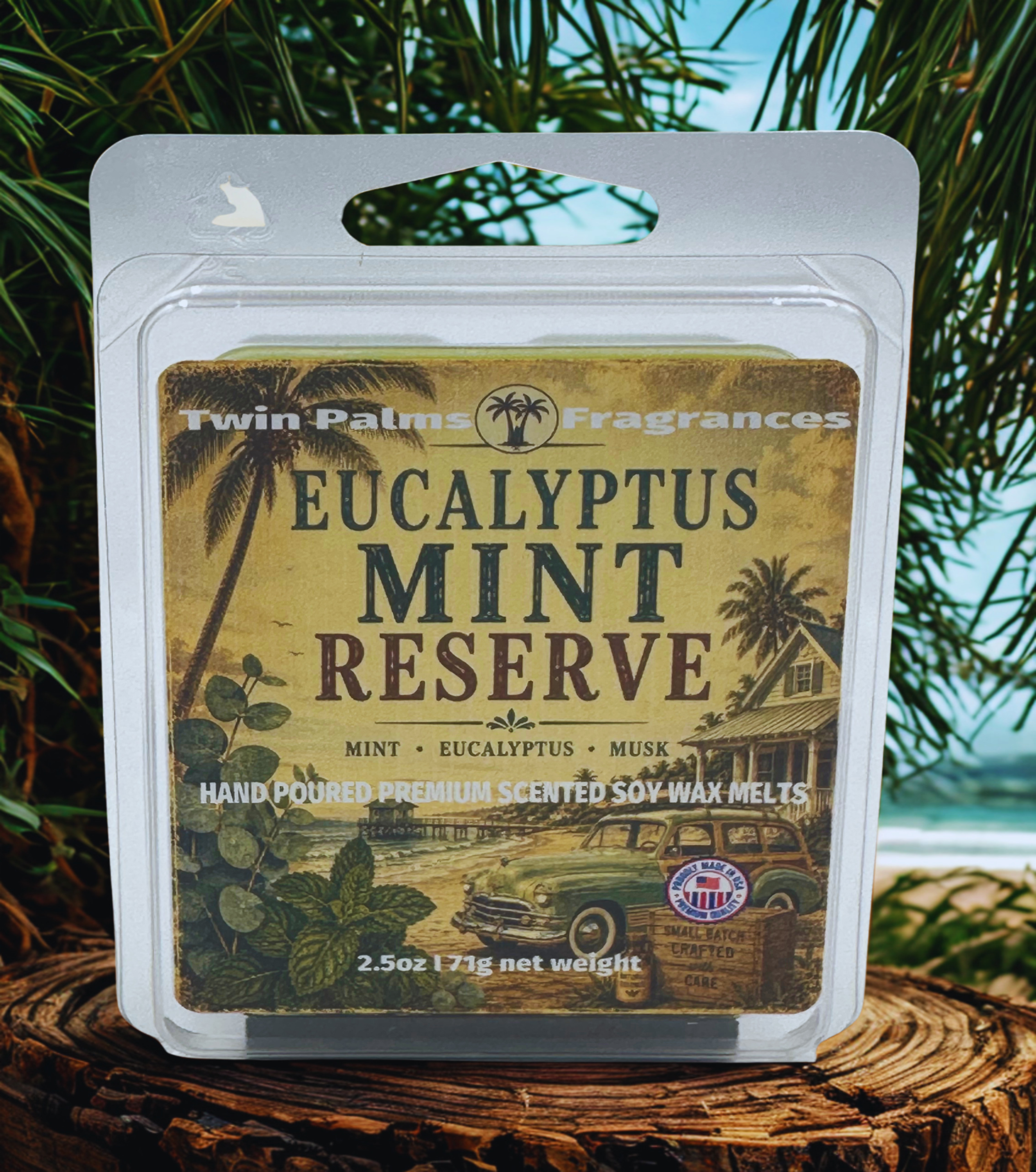 Eucalyptus Mint Reserve soy wax melts packaging with Twin Palms Fragrances branding on a natural background.