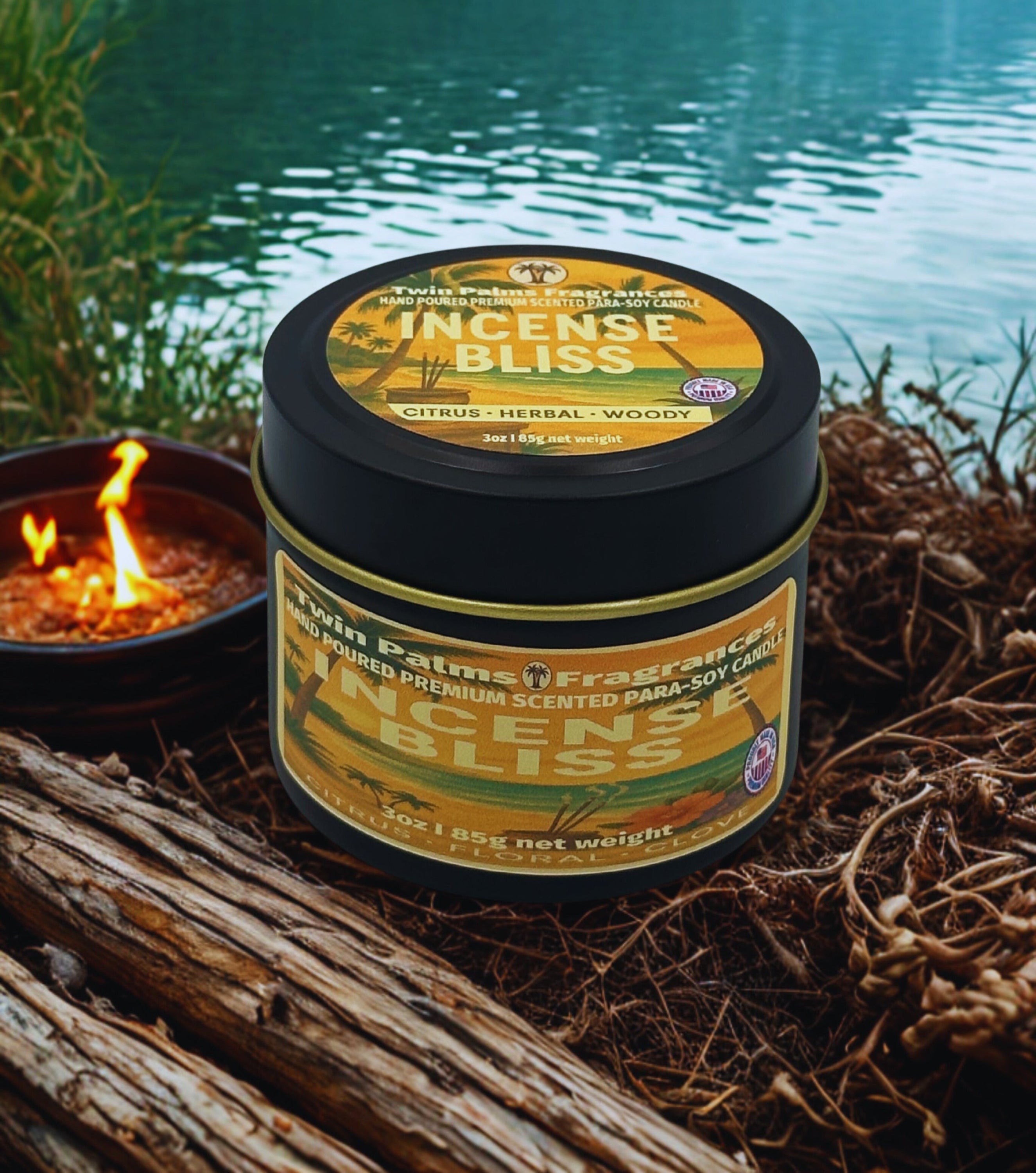 Candle jar labeled 'Incense Bliss' by Twin Palms Fragrances with a campfire and natural elements in the background.