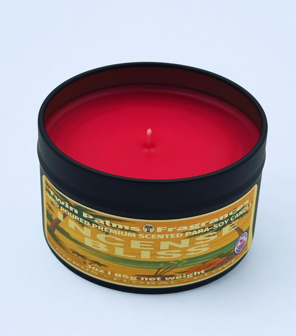 Incense Bliss candle in a tin with a label on a white background