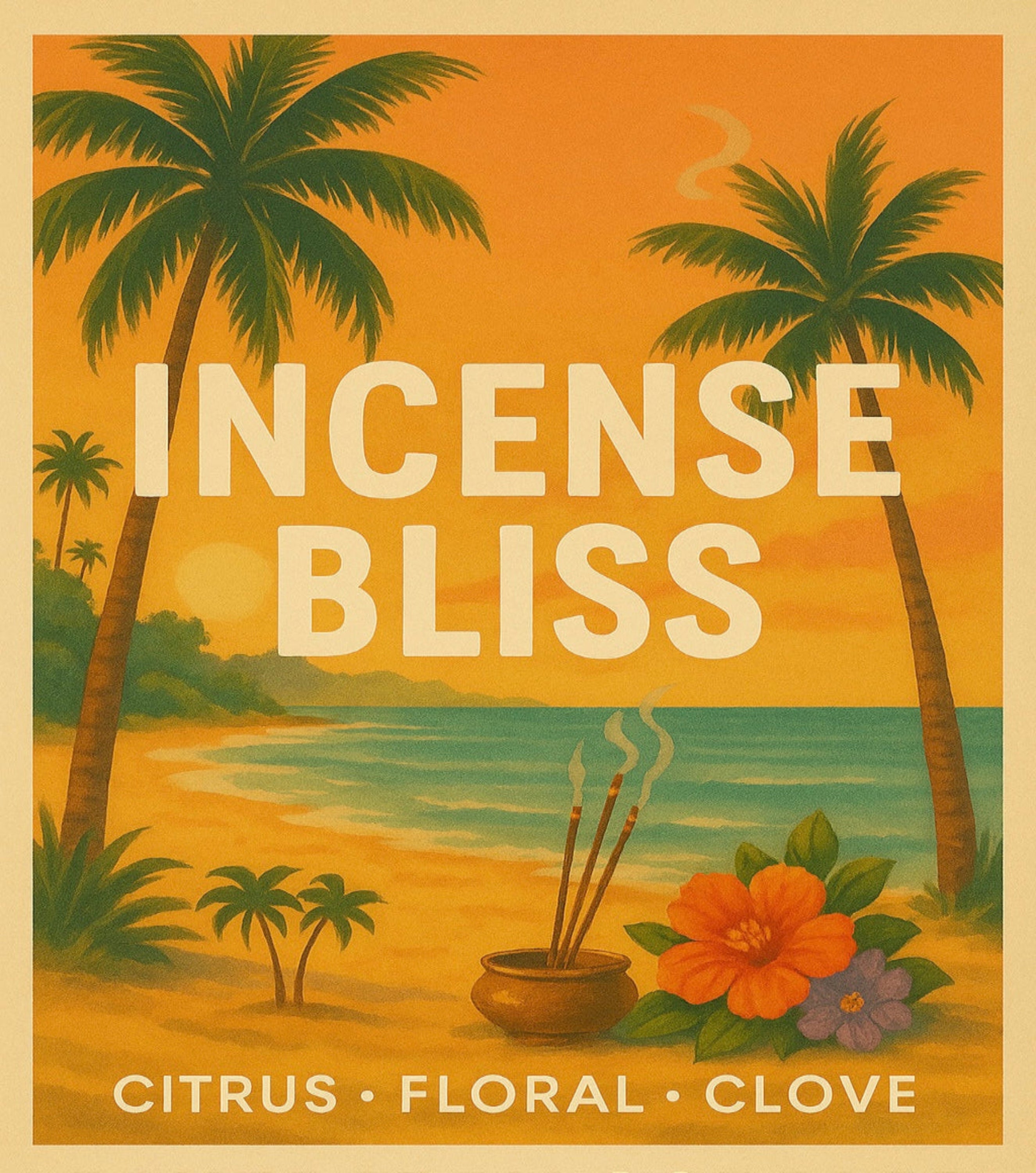 Advertisement for 'Incense Bliss' with palm trees, ocean, and incense sticks on an orange background.