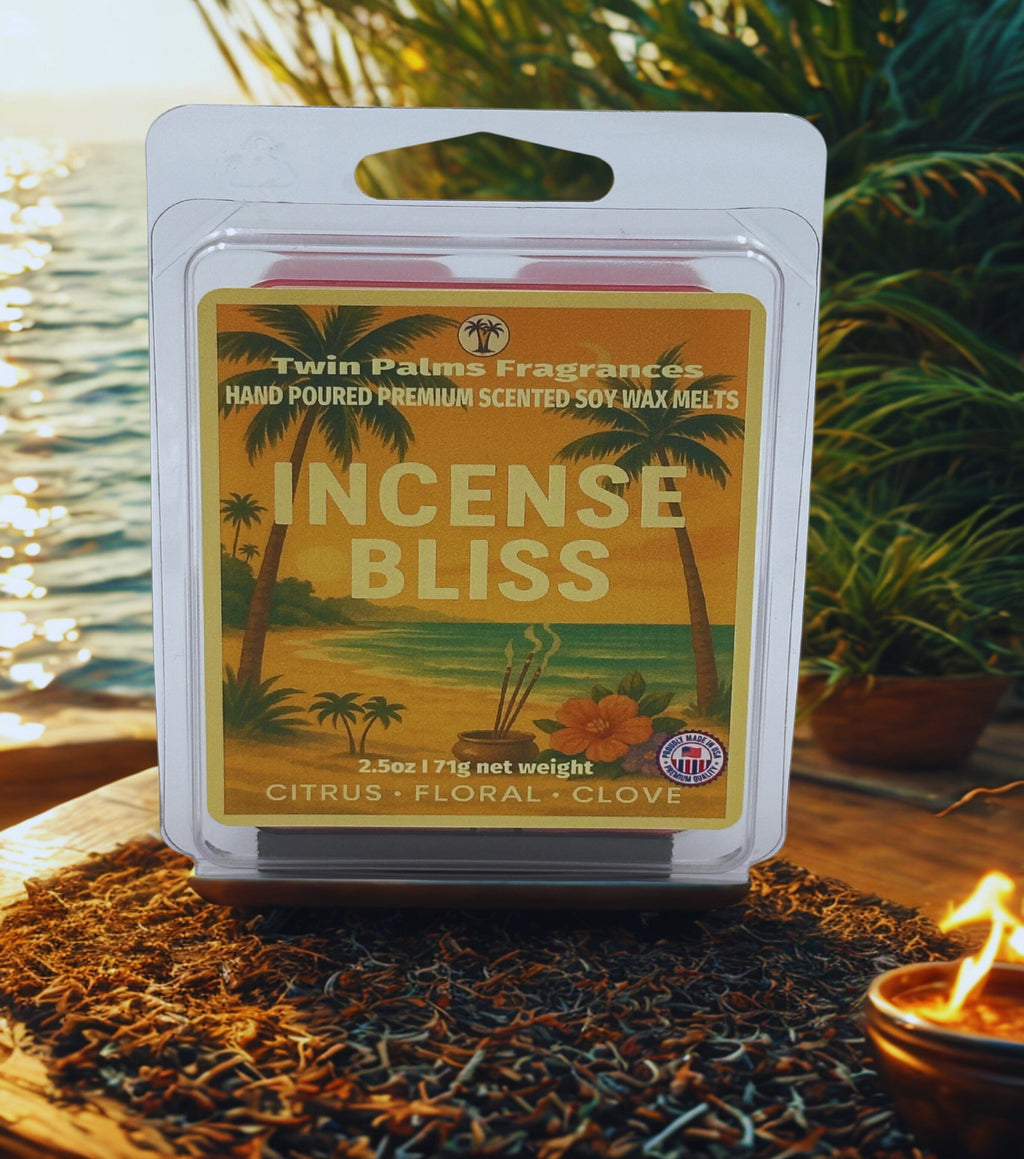 Twin Palms Fragrances Incense Bliss soy wax melts packaging with a scenic label.