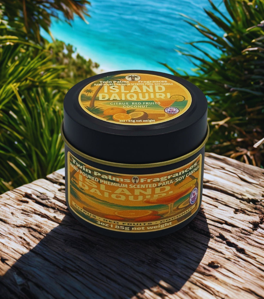 Twin Palms Island Daiquiri candle on a wooden surface with a tropical background