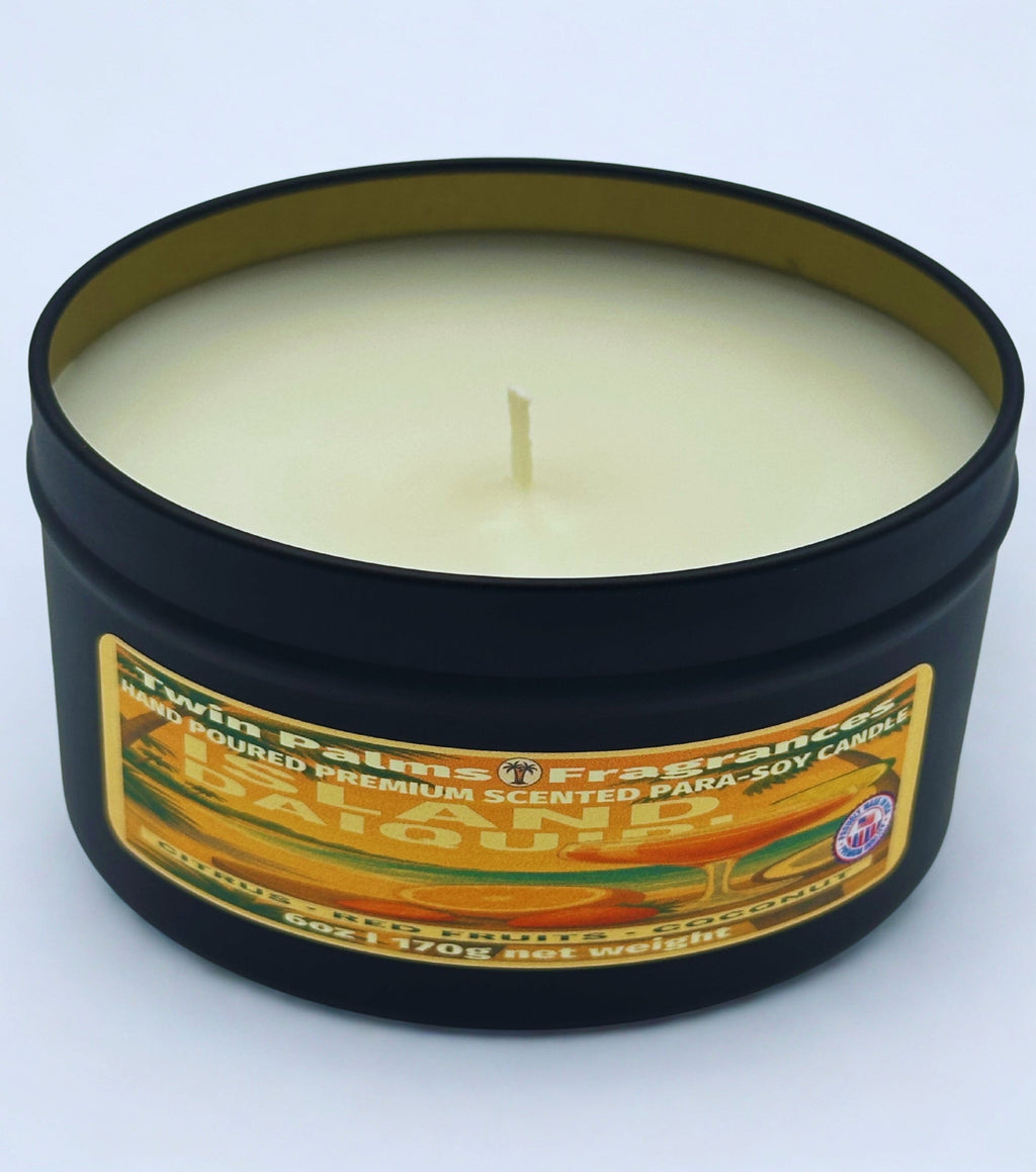 Island Daiquiri Candle in a black container with a label on a white background