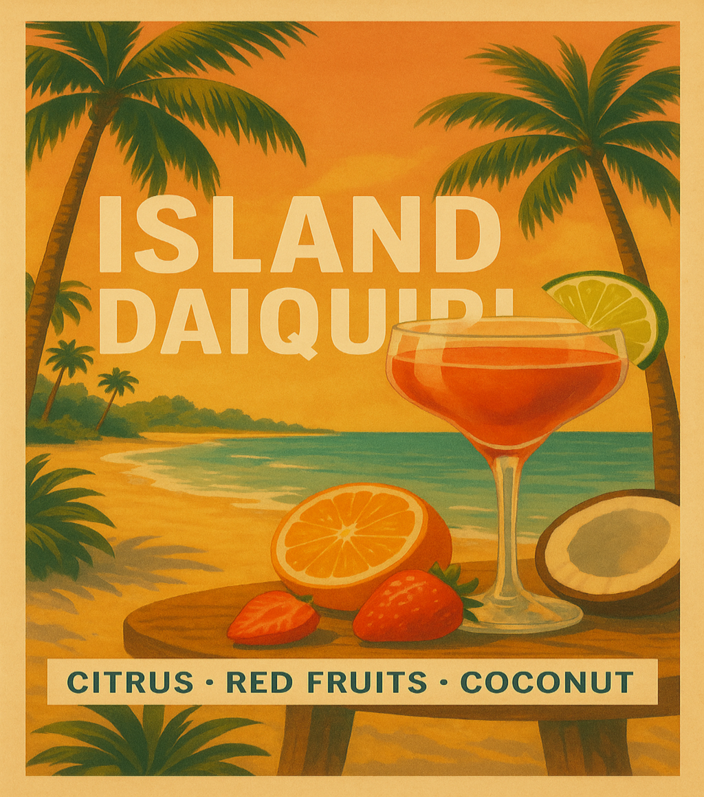 Vintage-style advertisement for 'Island Daiquiri' with a tropical beach scene, cocktail, and fruits.
