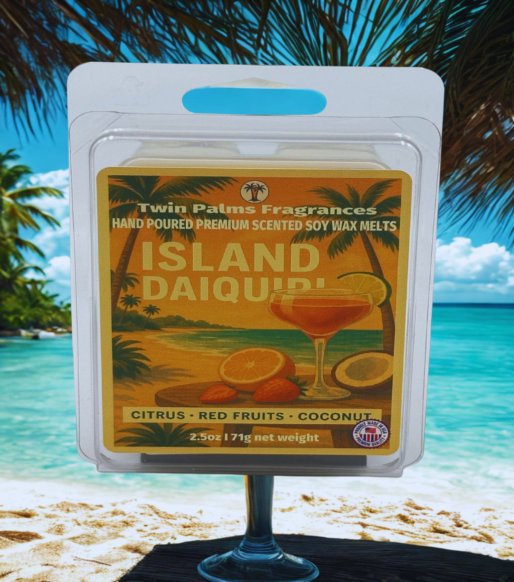 Twin Palms Fragrances Island Daiquiri soy wax melts packaging with a beach background