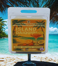 Twin Palms Fragrances Island Daiquiri soy wax melts packaging with a beach background