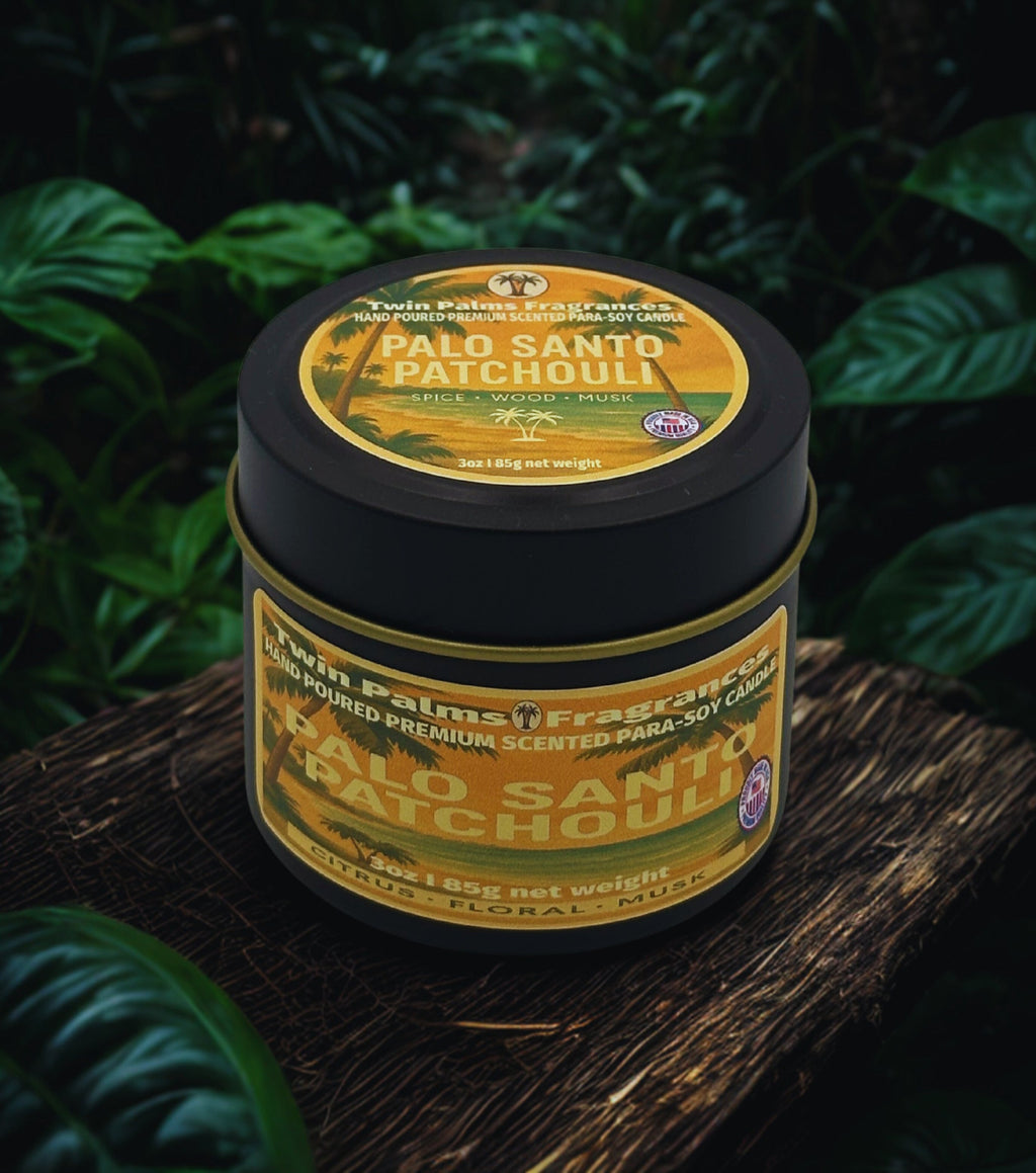 Tin of Palo Santo Patchouli candle with green leafy background