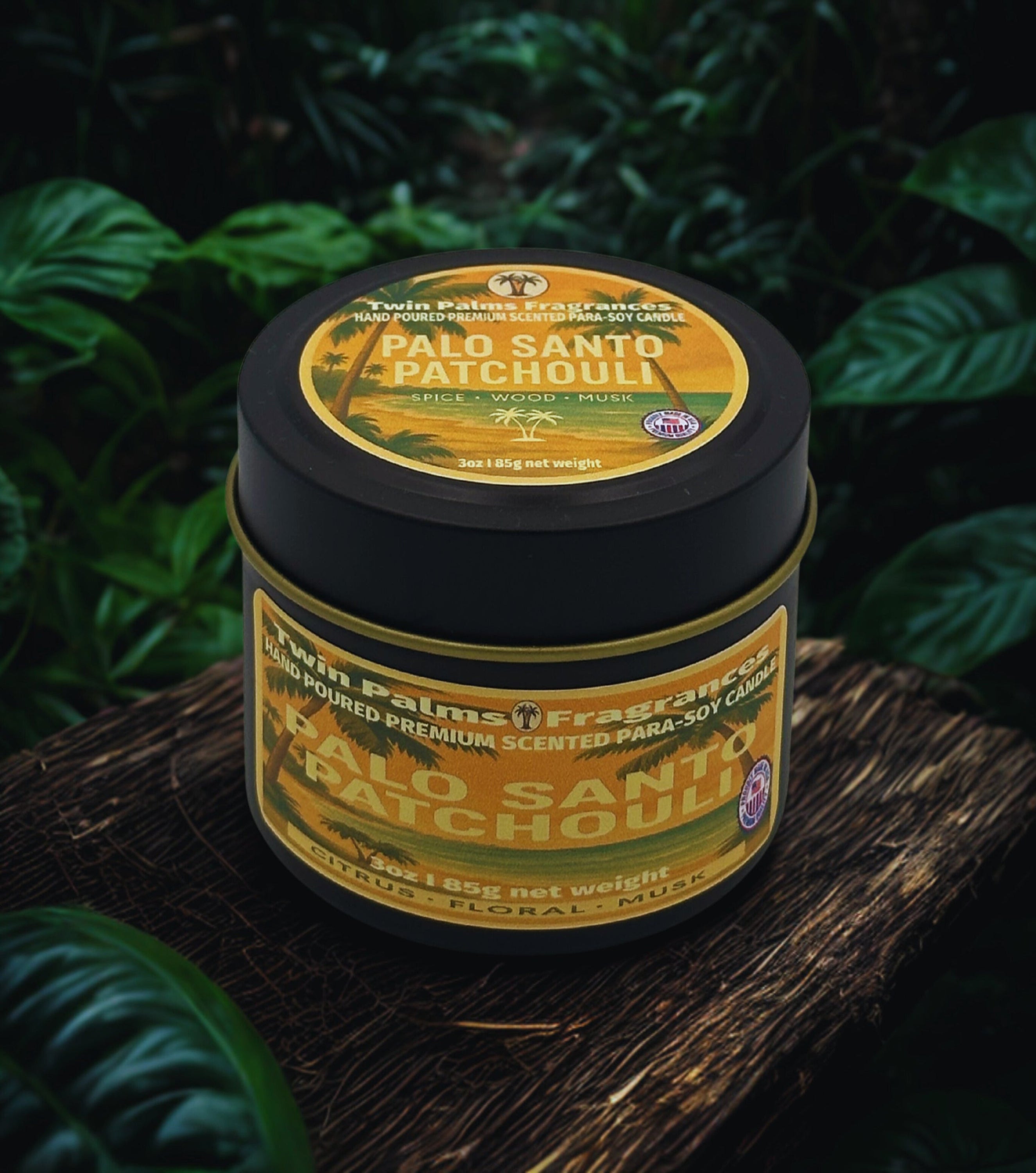 Tin of Palo Santo Patchouli candle with green leafy background