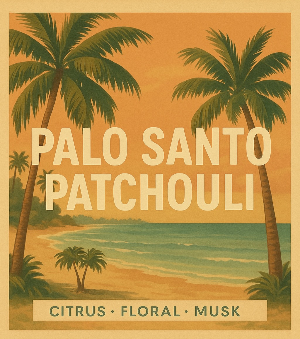 Vintage-style advertisement with palm trees and beach scene for Palo Santo Patchouli essential oil.
