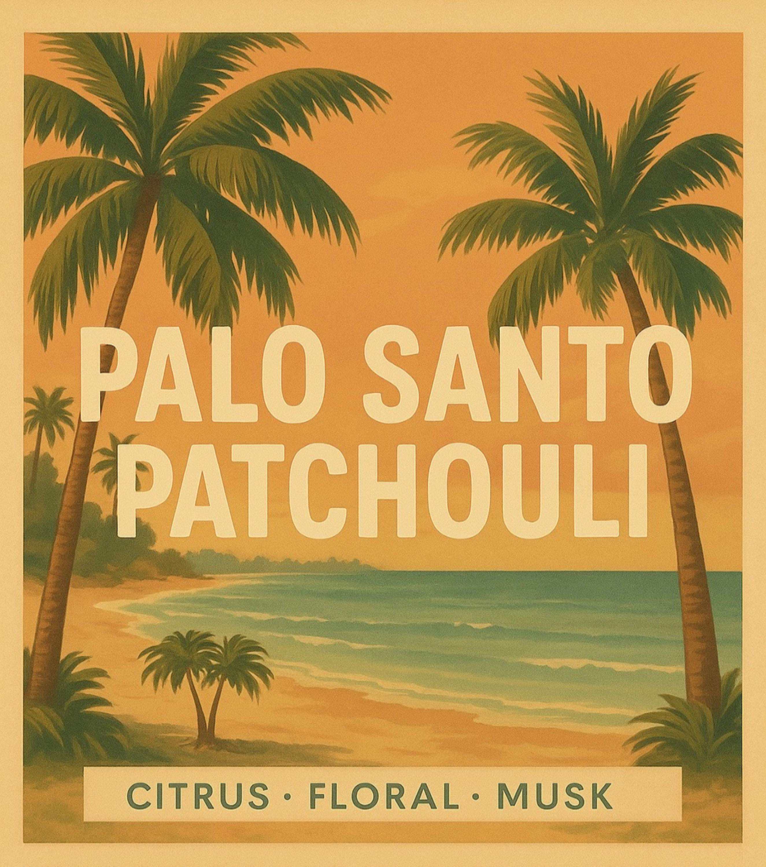 Vintage-style advertisement with palm trees and beach scene for Palo Santo Patchouli essential oil.