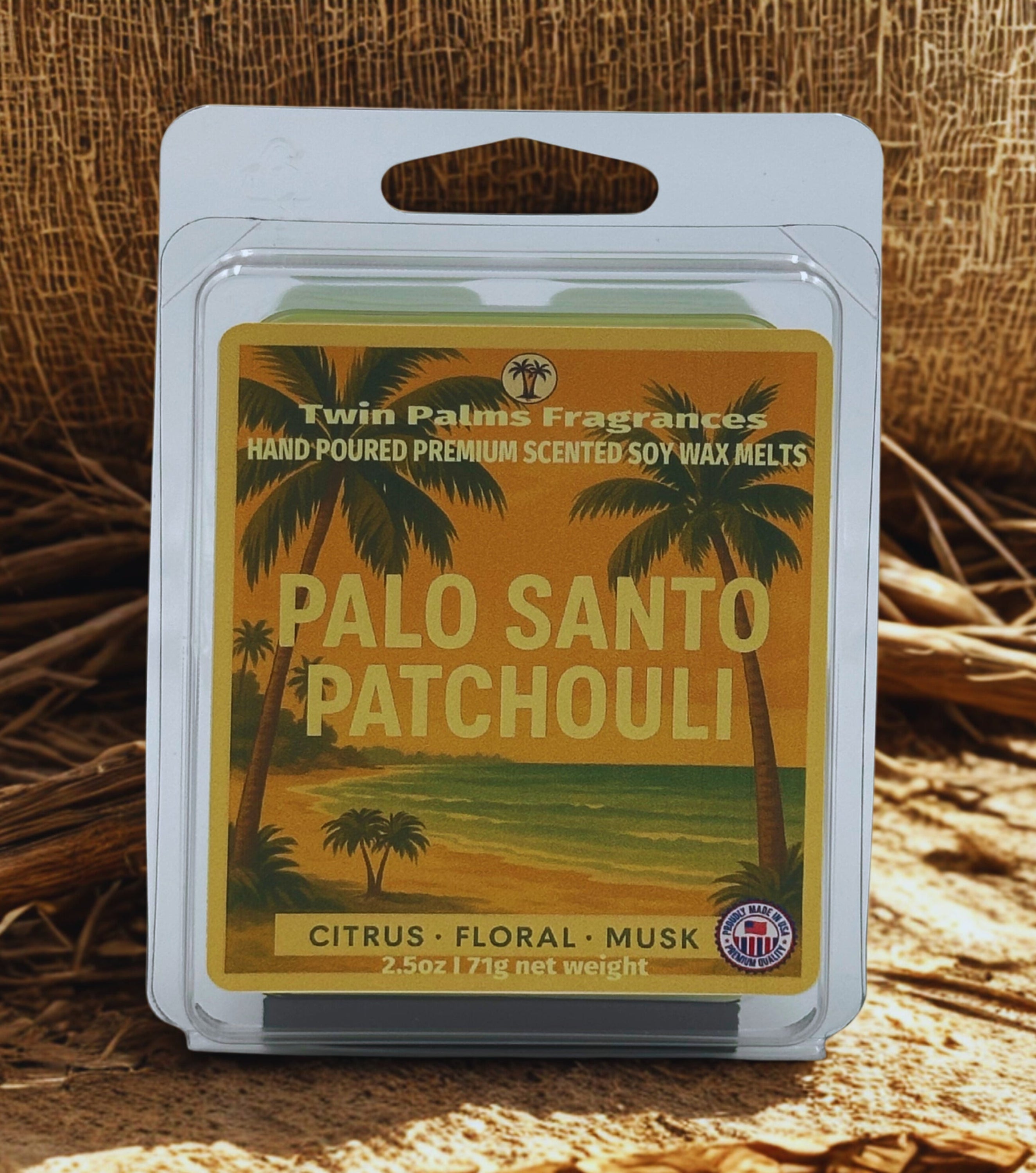 Twin Palms Fragrances packaged Palo Santo Patchouli soy wax melts with palm tree design on a textured background