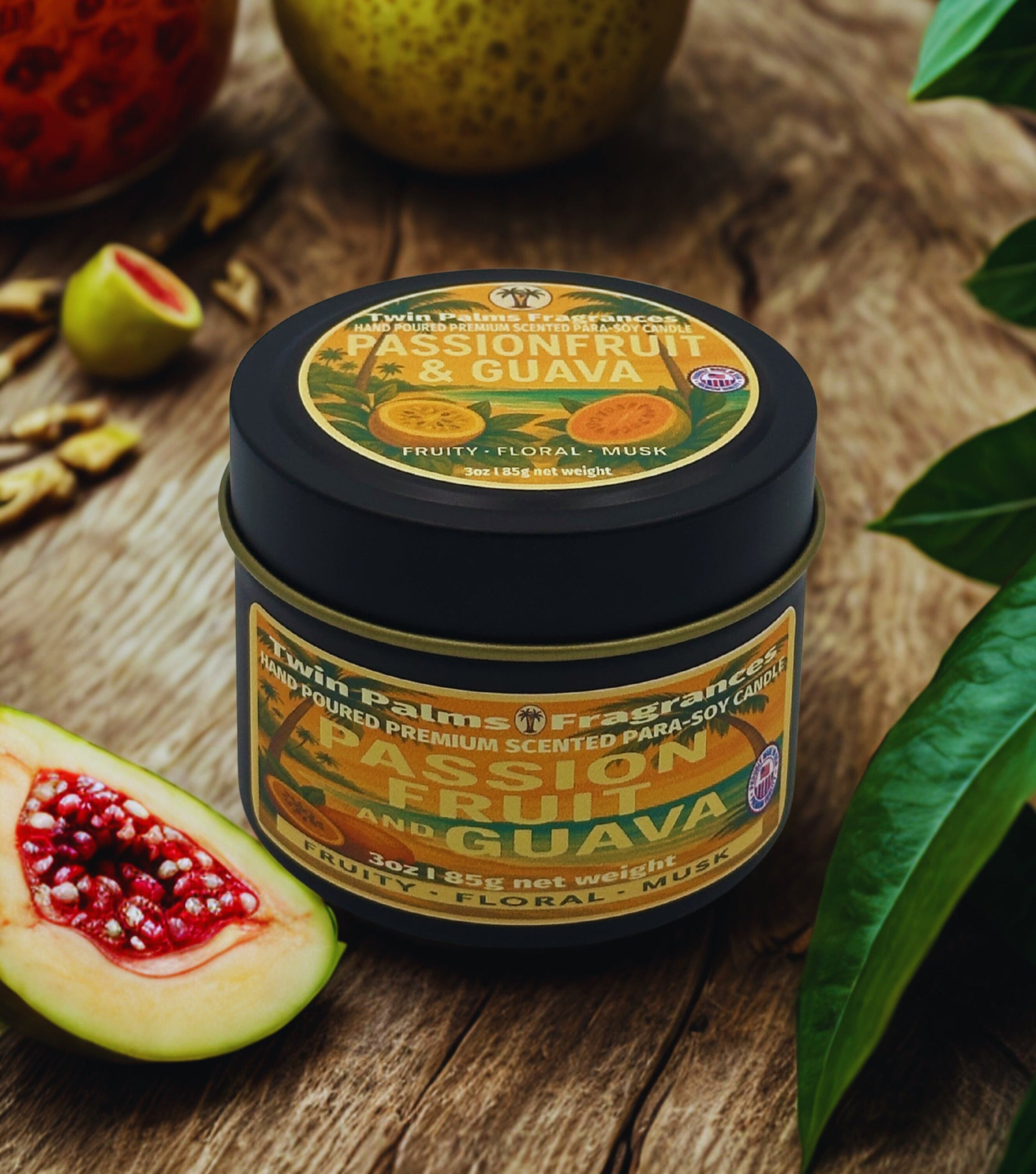 Twin Palms fragrances candle tin with 'Passion Fruit & Guava' fragrance on a wooden surface with fruit slices.