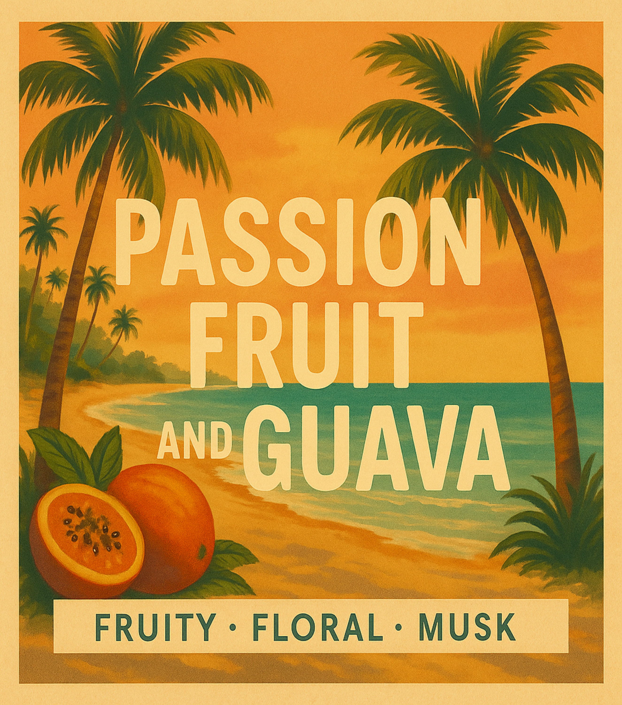 Tropical scene with palm trees, passion fruit, and guava, featuring text about fragrance notes.