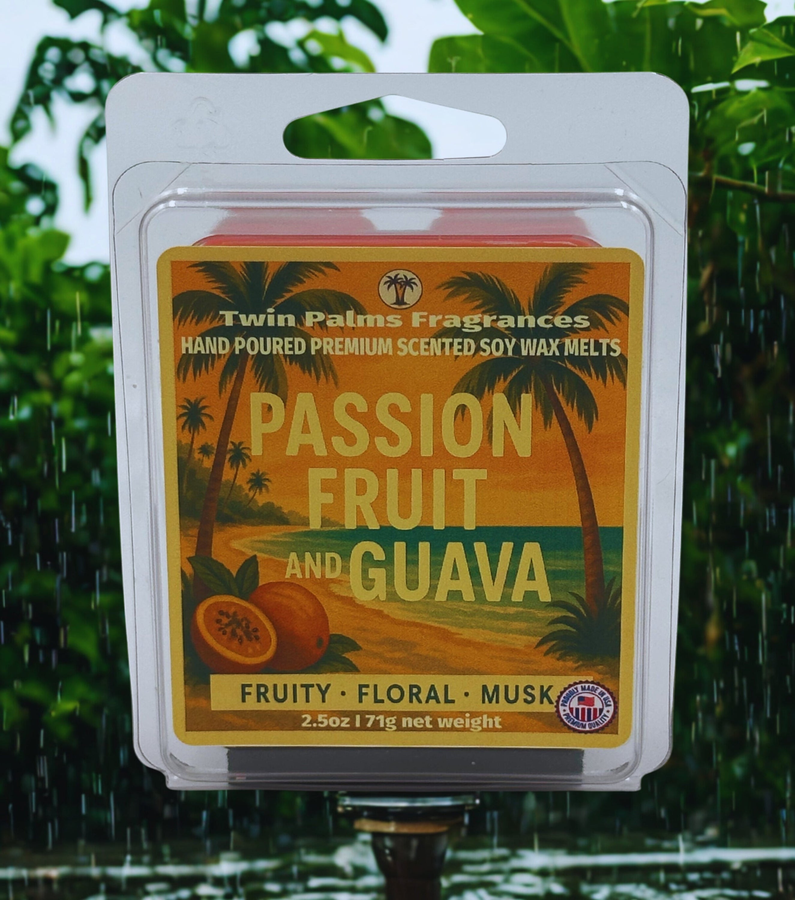 Twin Palms Fragrances passion fruit and guava soy wax melts packaging with a tropical design.